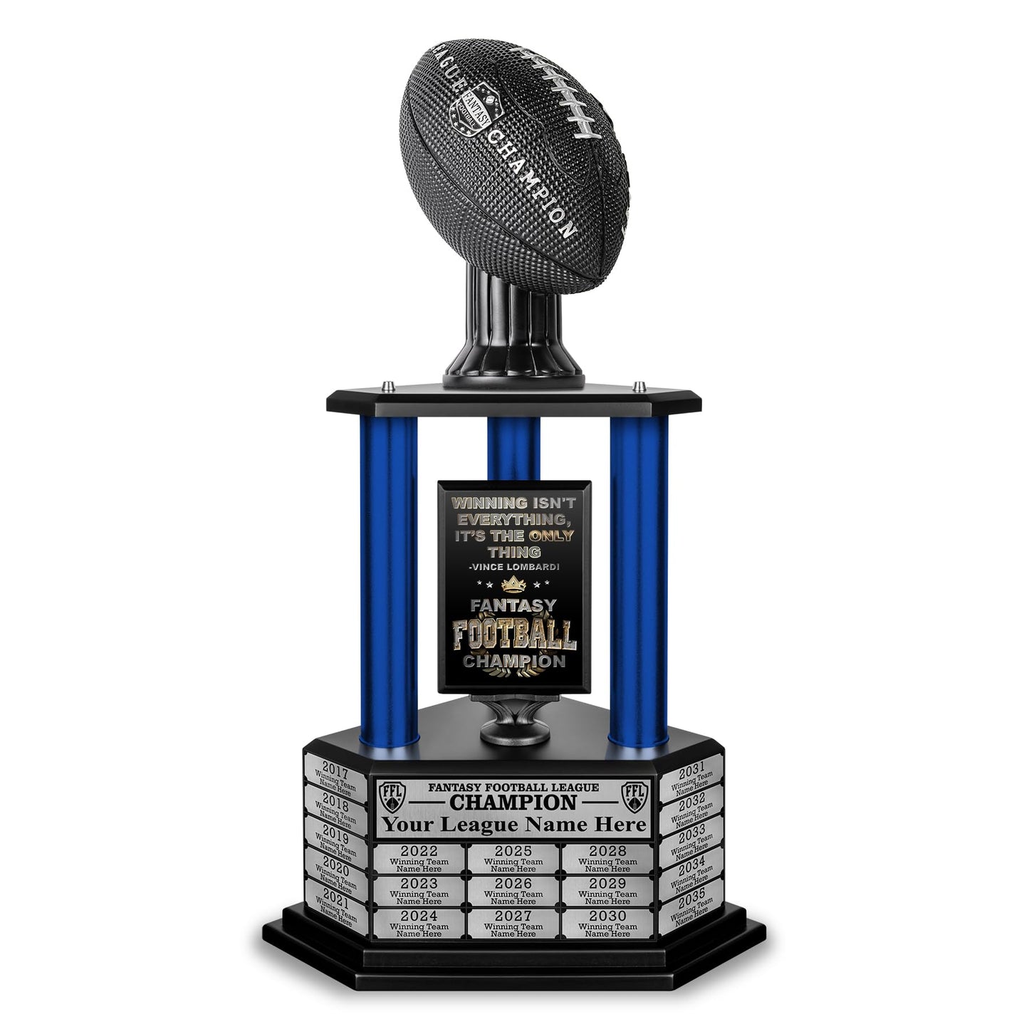 TrophySmack Perpetual Fantasy Football Trophy - Customizable Championship Trophy Award Winner | Free Engraving up to 19 Years Past Winners, 26 Inch Tall (Blue Black)