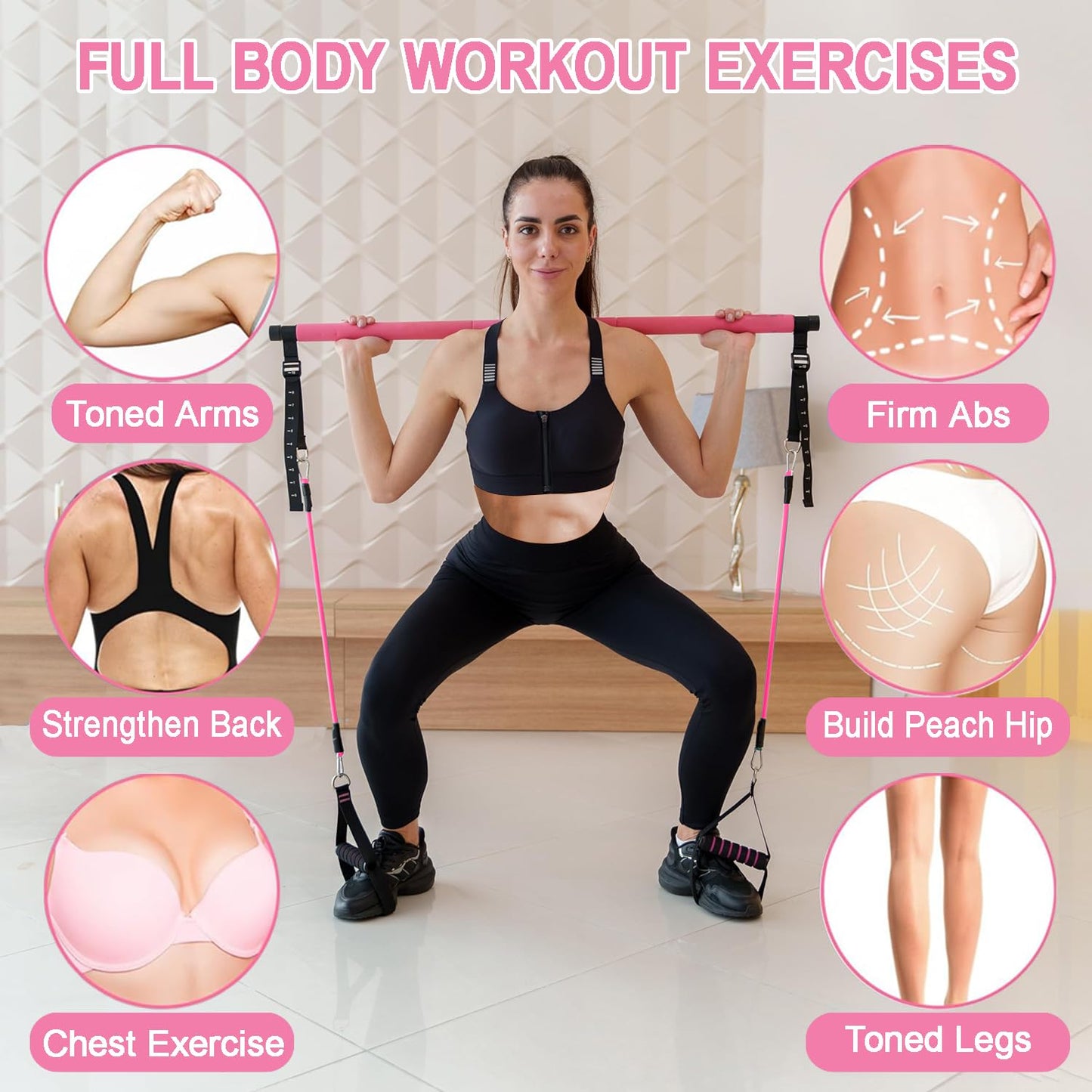 Pilates Bar Kit with Resistance Bands, Upgraded Multifunctional Screw Yoga Pilates Bar with Metal Adjustment Buckle, Portable Home Gym Pilates Bar for Women Full Body Workout Equipment Pink…