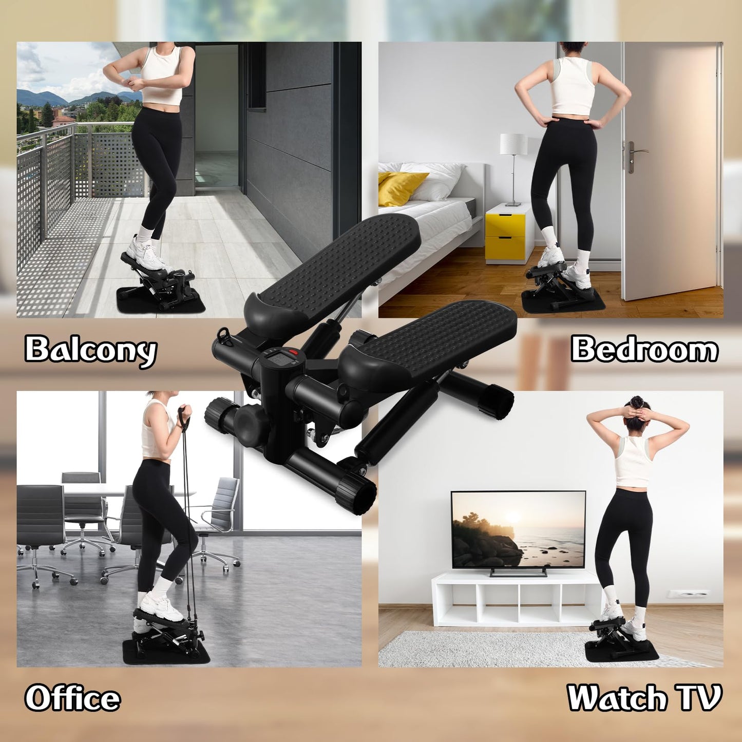Lemosae Steppers for Exercise Fitness Stair Stepper with 300 lb Loading Capacity Mini Stepper Stair with LCD Monitor and Resistance Bands Adjustable for Home Office Workouts (Black)