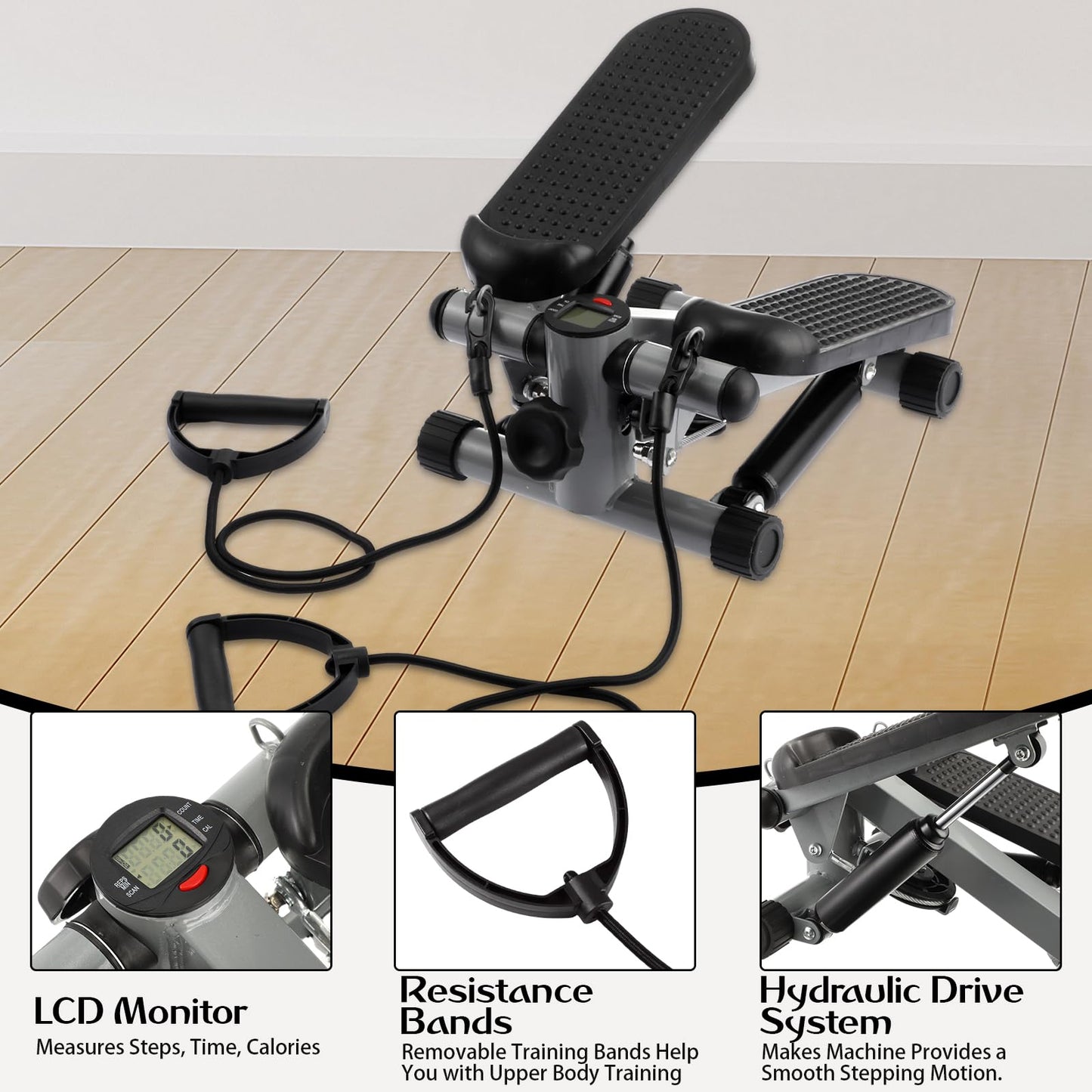 Lemosae Steppers for Exercise Fitness Stair Stepper with 300 lb Loading Capacity Mini Stepper Stair with LCD Monitor and Resistance Bands Adjustable for Home Office Workouts (Silver Gray)