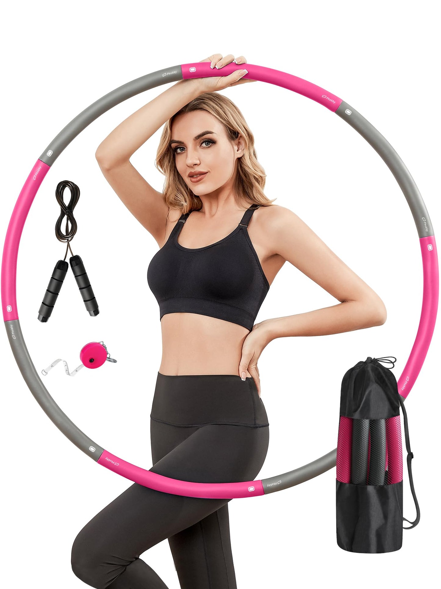 Phobby Weighted Exercise Hoop for Adults, 2.2lb Detachable Fitness Hoop, Adjustable Hoop with Jump Rope, Tape Measure and Carry Bag, Home Gym Workout (Pink Grey)
