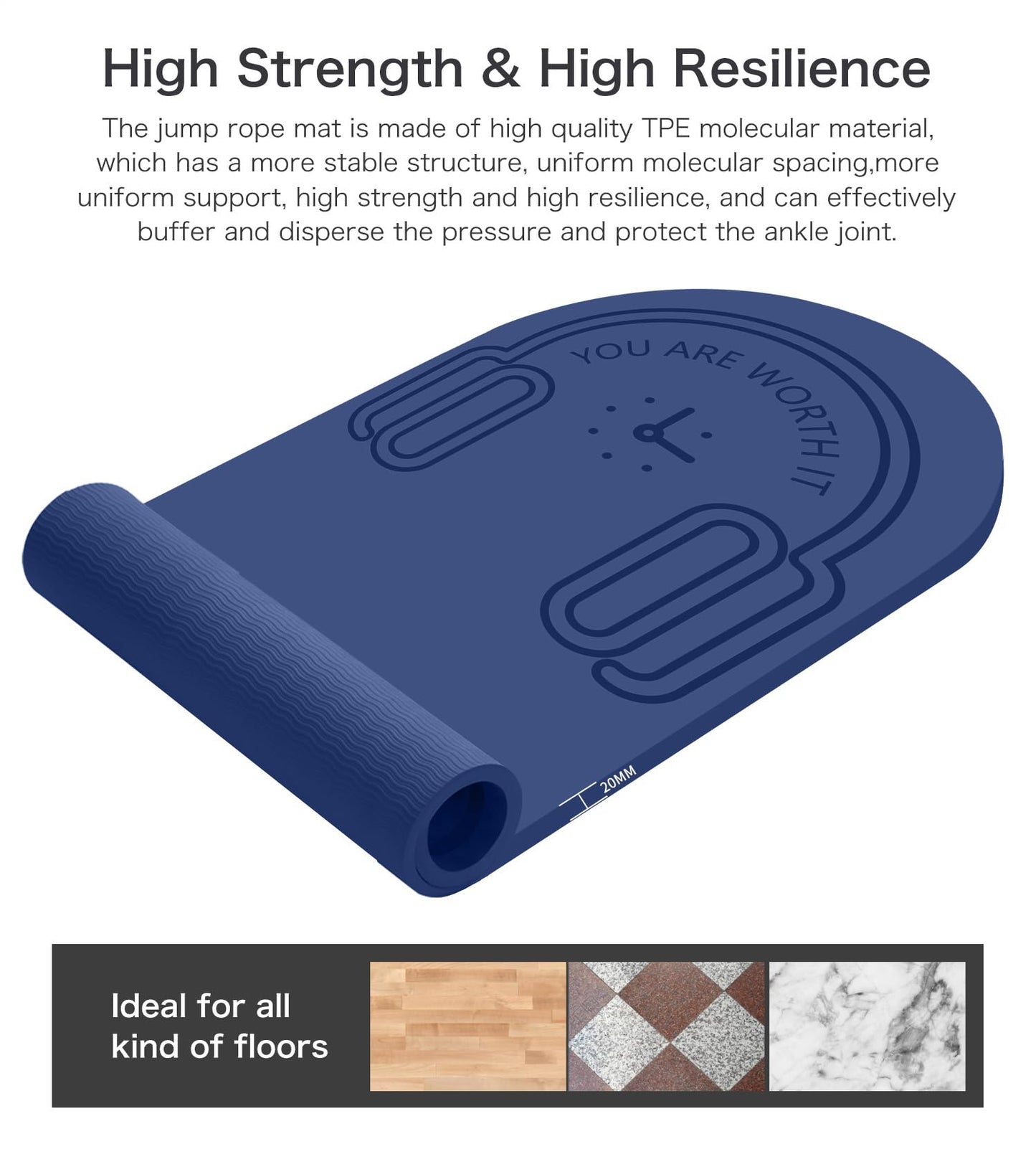 LERYG 8/20/30mm Jump Rope Mat Fitness Exercise Mat Durable, Non-Slip, Workout Mats with Jump Rope & Carrying Bag for Home Gym Flooring in Blue(55"x 24")