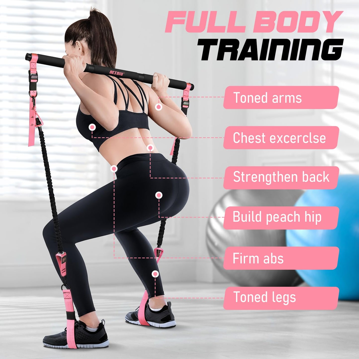 Pilates Bar Kit with Resistance Bands for Working Out, 210lbs Heavy Resistance Bands with Handles, Pilates Equipment with Resistance Band Bar for Men Women, Home Gym Full Body Workout Equipment