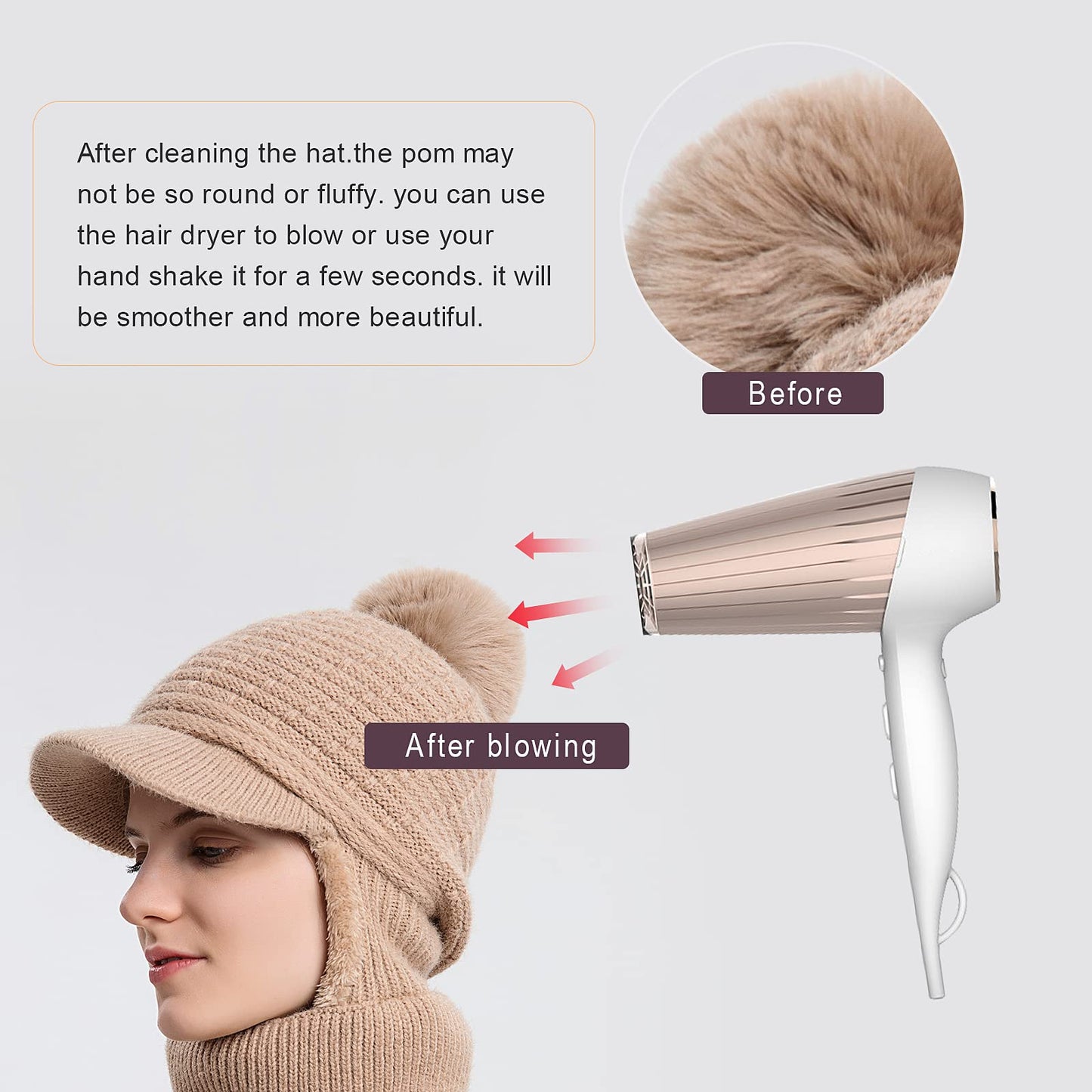 Fleece Lined Womens Beanie Knit Hat,Winter Scarf Mask Set for Women,Girls Snow Caps Earmuffs Hats with Pom (Grey)