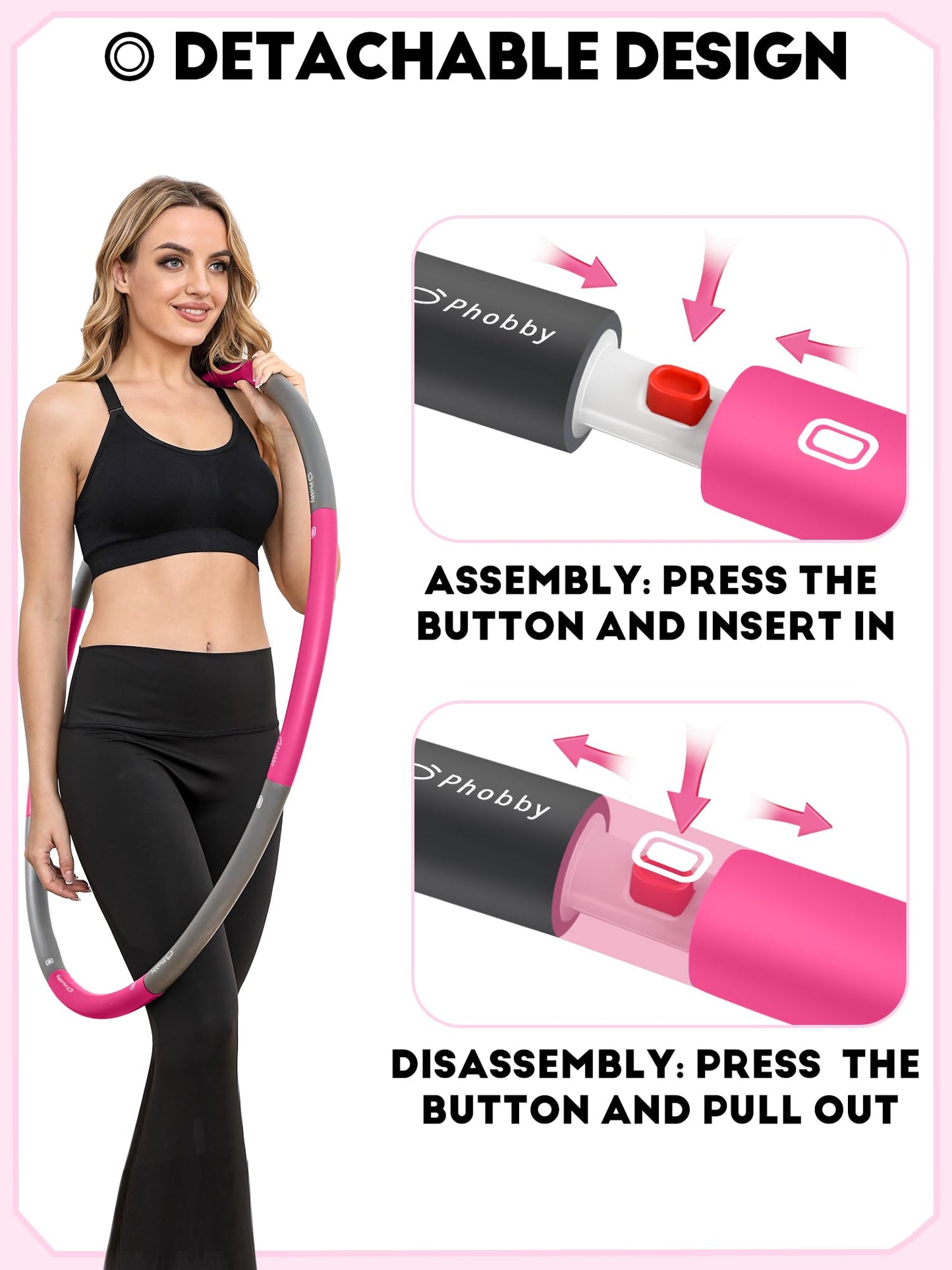 Phobby Weighted Exercise Hoop for Adults, 2.2lb Detachable Fitness Hoop, Adjustable Hoop with Jump Rope, Tape Measure and Carry Bag, Home Gym Workout (Pink Grey)
