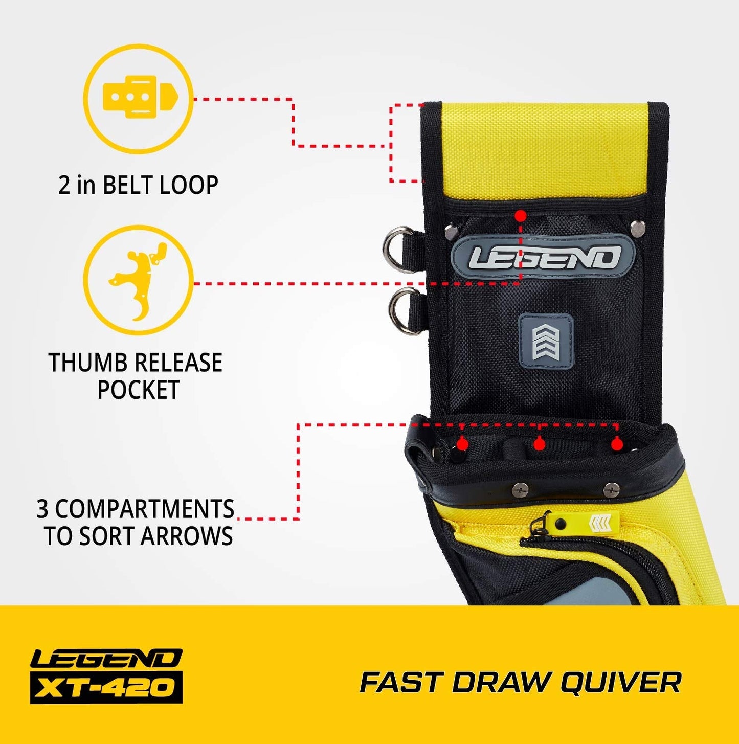 LEGEND XT420 Archery Field Quiver for Arrows - Left Handed Archery Hip Quiver with Belt, 3 Arrow Compartments - Storage Pocket for Archery Accessories - Nylon Material - 5.25"x1.5"x16" Yellow