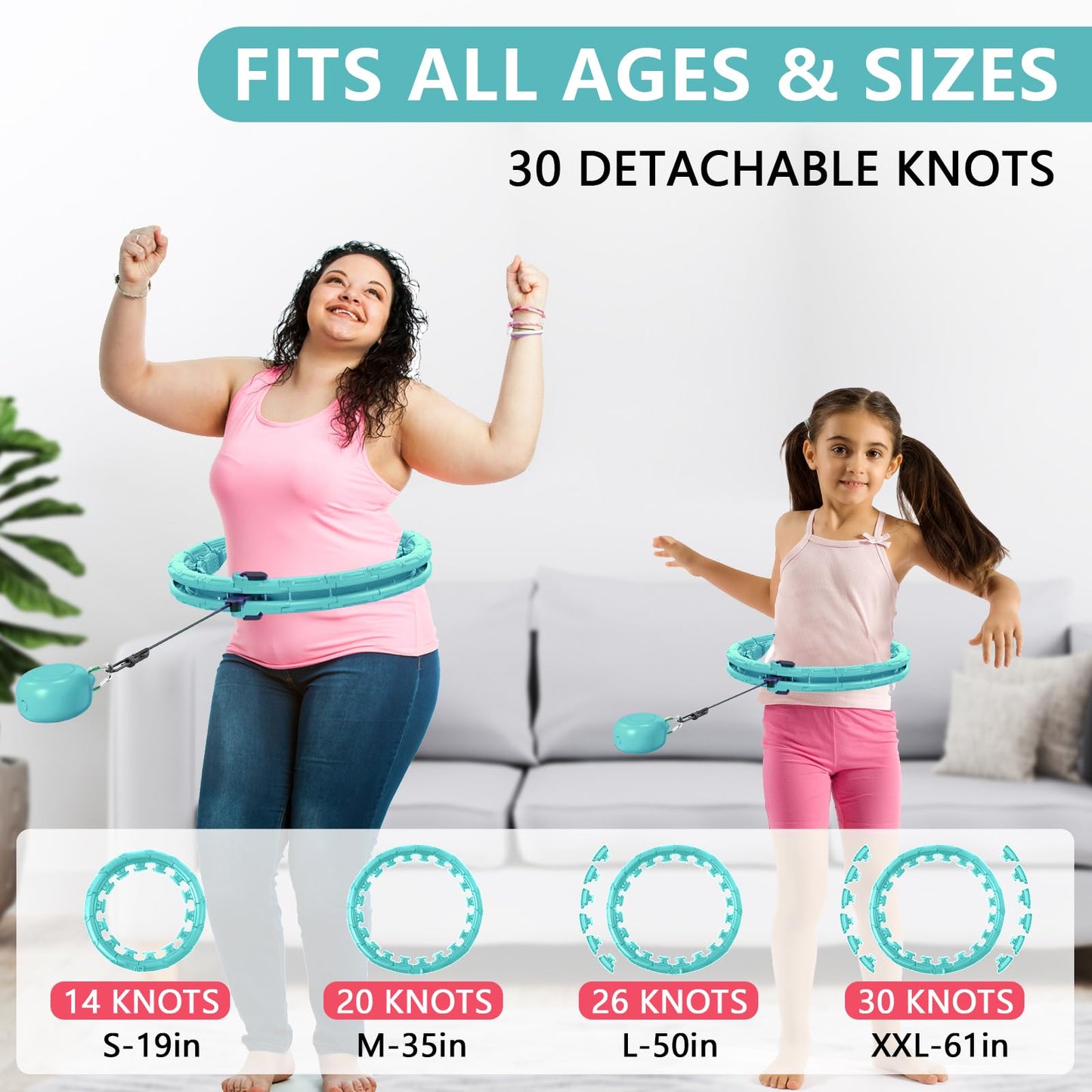 Leann L!fe U1-30 Knots Waist 61”, Magnetic Lock Smart Weighted Hula Hoop for Adults Weight Loss, Infinity Hoop Plus Size, Children Adult Home Outdoors, Fitness Exercise, Abdominal Toner, Light Green