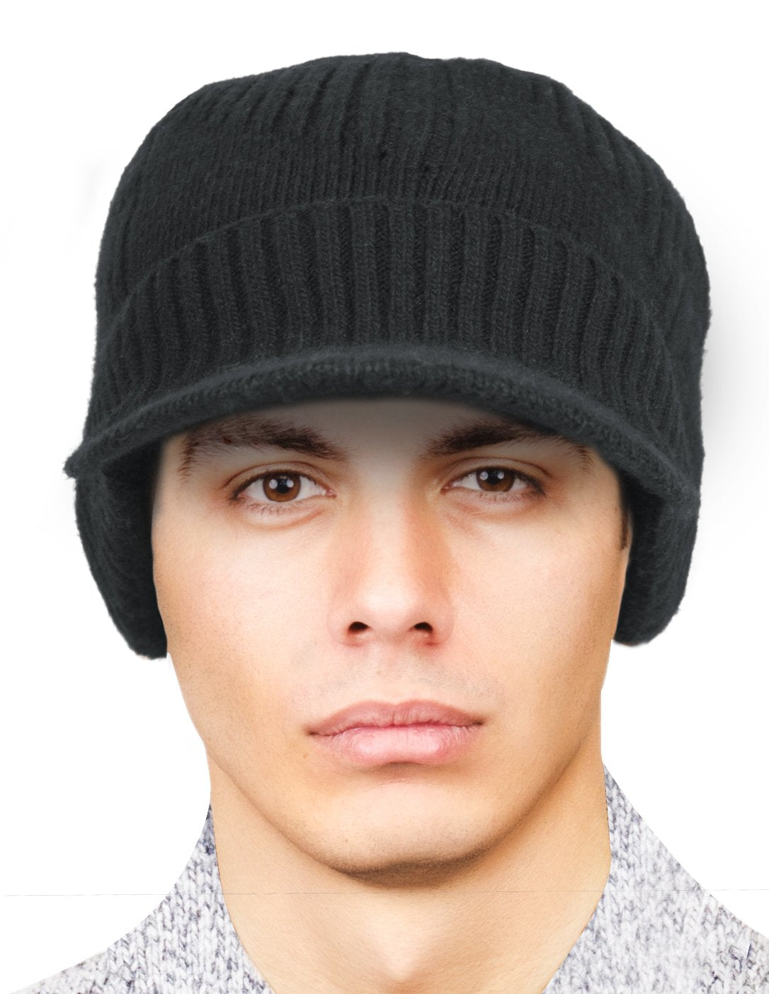 Dahlia Men's Beanie with Visor, Wool Winter Hat, Ribbed, Fleece Lined, Black