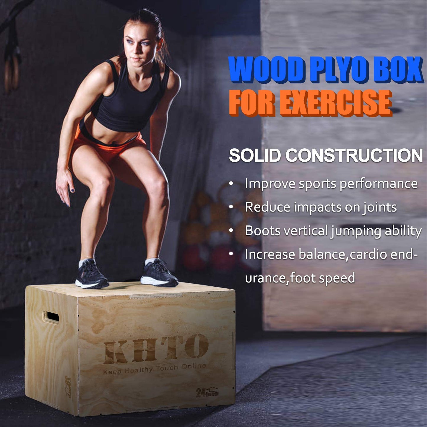 KHTO FITNESS Wood Plyometric Jump Box- 3-in-1 Wood Plyo Box for Exercise Training and Conditioning- Pre-drilled for Easy Assembling (20" x 18" x 16")