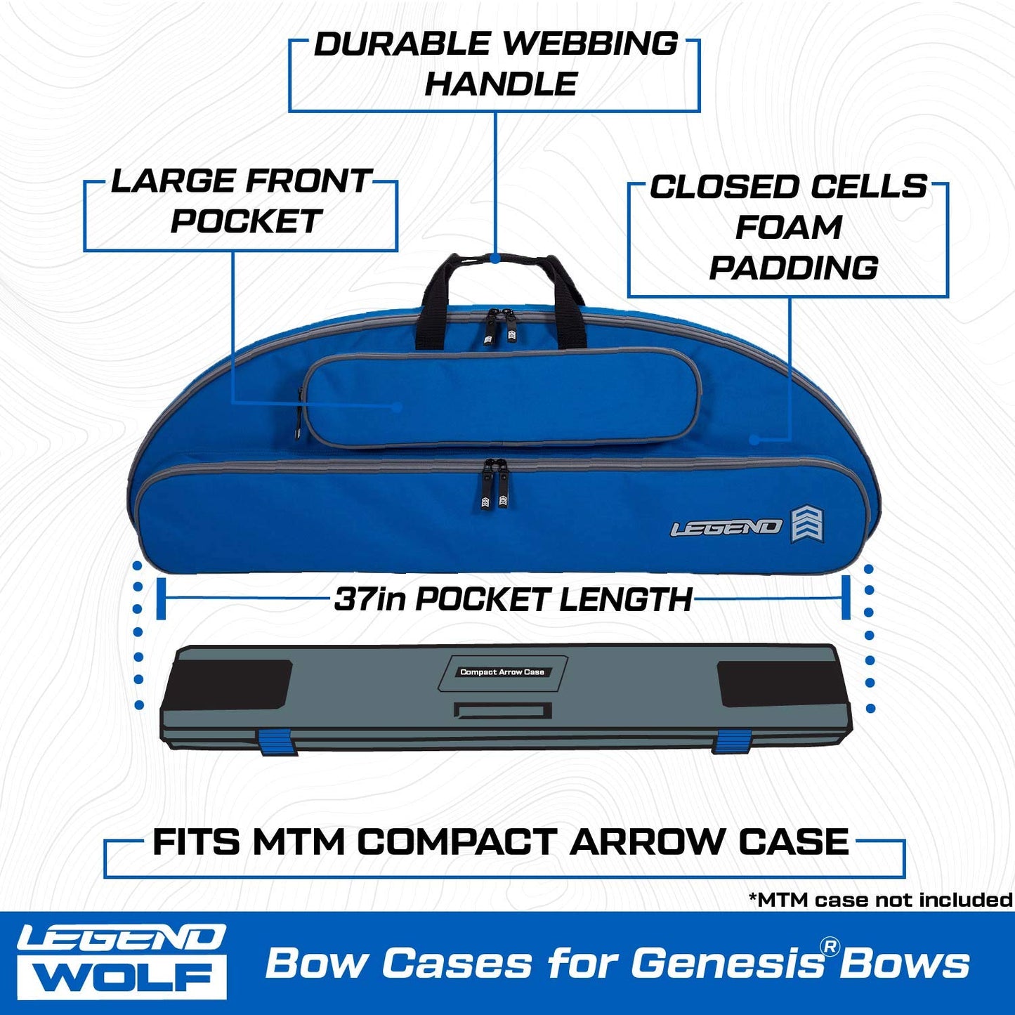 LEGEND Wolf Genesis Compound Bow Case - NASP Archery Travel Bag for Genesis Bows with Foam Padding, Backpack Straps, External Pockets & Nylon Lining - Ultimate Gear Protection - 37 inch Interior- Blue
