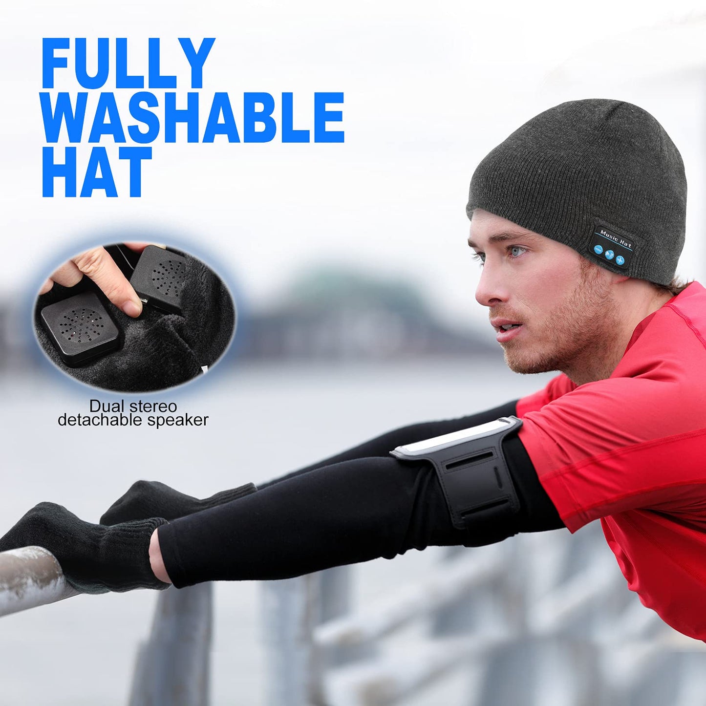 Honoson 4 Pieces Beanie Hat for Men Compatible with Bluetooth Winter Wireless Music LED Light Hat with Gloves for Men Women Sports Gifts (Black, Grey)