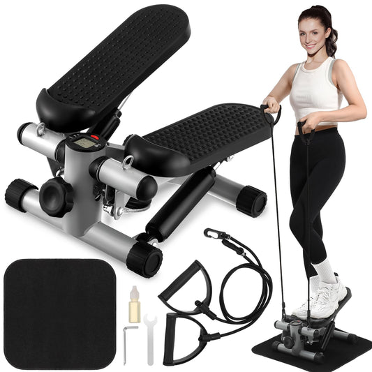 Lemosae Steppers for Exercise Fitness Stair Stepper with 300 lb Loading Capacity Mini Stepper Stair with LCD Monitor and Resistance Bands Adjustable for Home Office Workouts (Silver Gray)