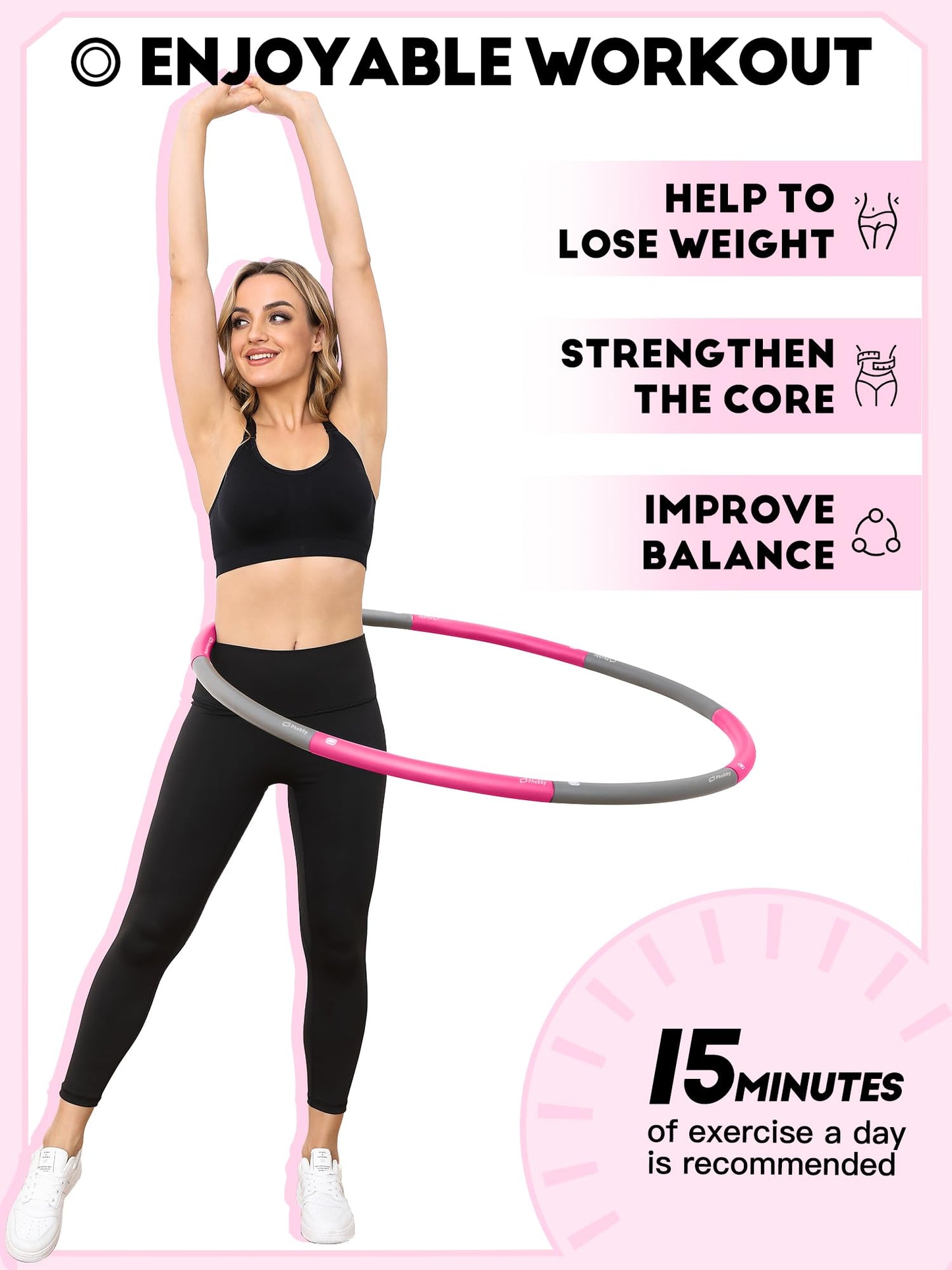 Phobby Weighted Exercise Hoop for Adults, 2.2lb Detachable Fitness Hoop, Adjustable Hoop with Jump Rope, Tape Measure and Carry Bag, Home Gym Workout (Pink Grey)
