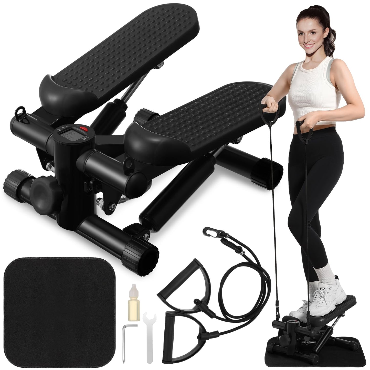 Lemosae Steppers for Exercise Fitness Stair Stepper with 300 lb Loading Capacity Mini Stepper Stair with LCD Monitor and Resistance Bands Adjustable for Home Office Workouts (Black)