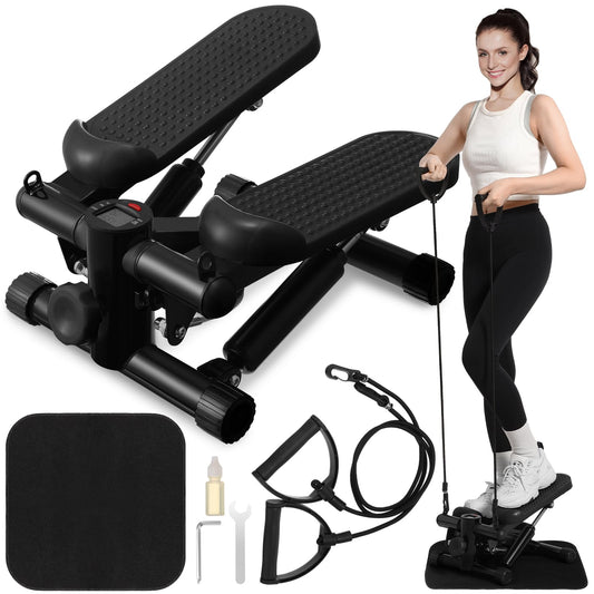 Lemosae Steppers for Exercise Fitness Stair Stepper with 300 lb Loading Capacity Mini Stepper Stair with LCD Monitor and Resistance Bands Adjustable for Home Office Workouts (Black)