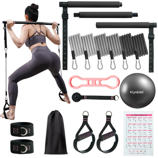 kisnbld Pilates Bar Kit with Resistance Bands, Multifunctional Pilates Bar with 3 Set Exercise Resistance Bands, Portable Pilates Equipment for Women Home Gym Yoga Workouts