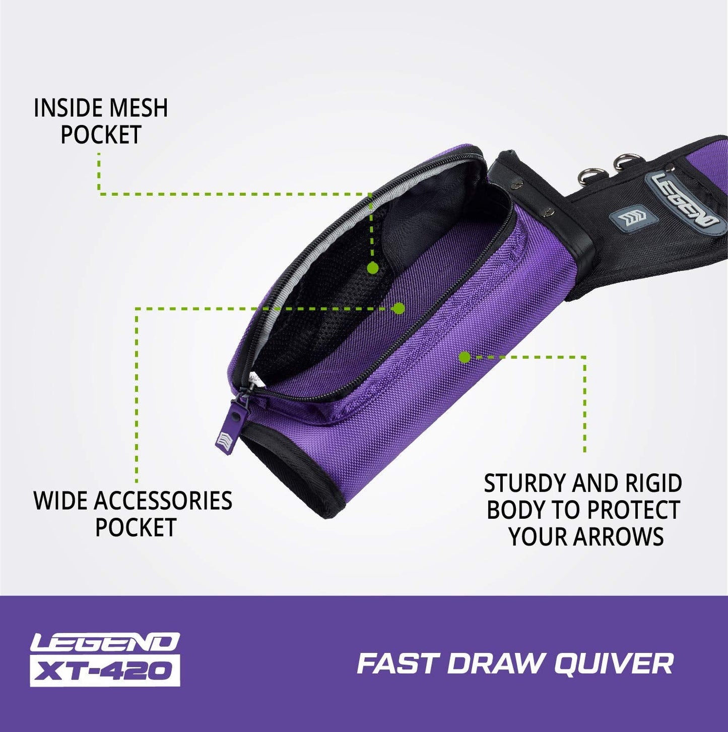 Legend XT420 Archery Field Quiver for Arrows - Right Handed Archery Hip Quiver with Belt, 3 Arrow Compartments - Storage Pocket for Archery Accessories - Nylon Material - 5.25"x1.5"x16" Purple