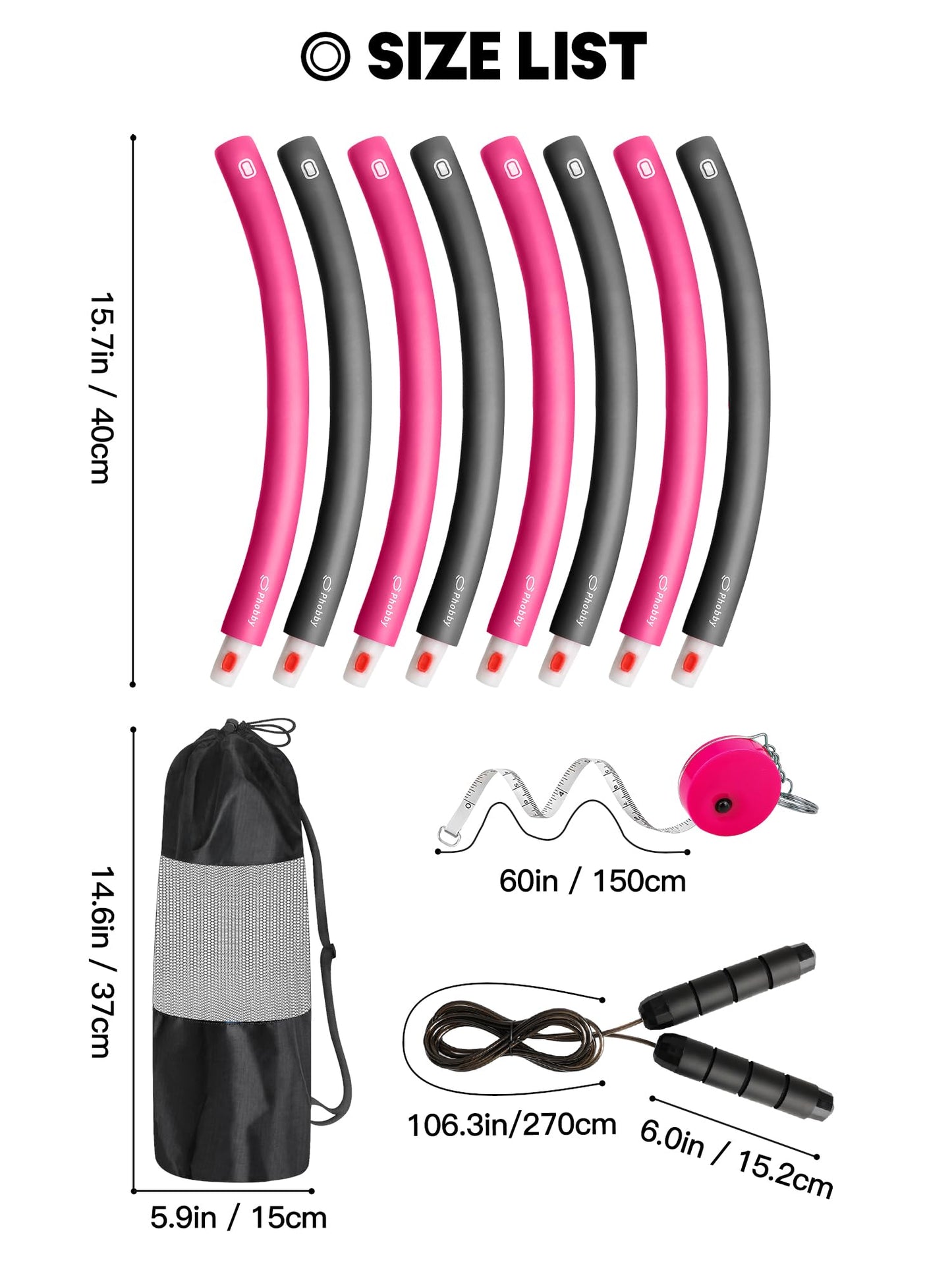 Phobby Weighted Exercise Hoop for Adults, 2.2lb Detachable Fitness Hoop, Adjustable Hoop with Jump Rope, Tape Measure and Carry Bag, Home Gym Workout (Pink Grey)