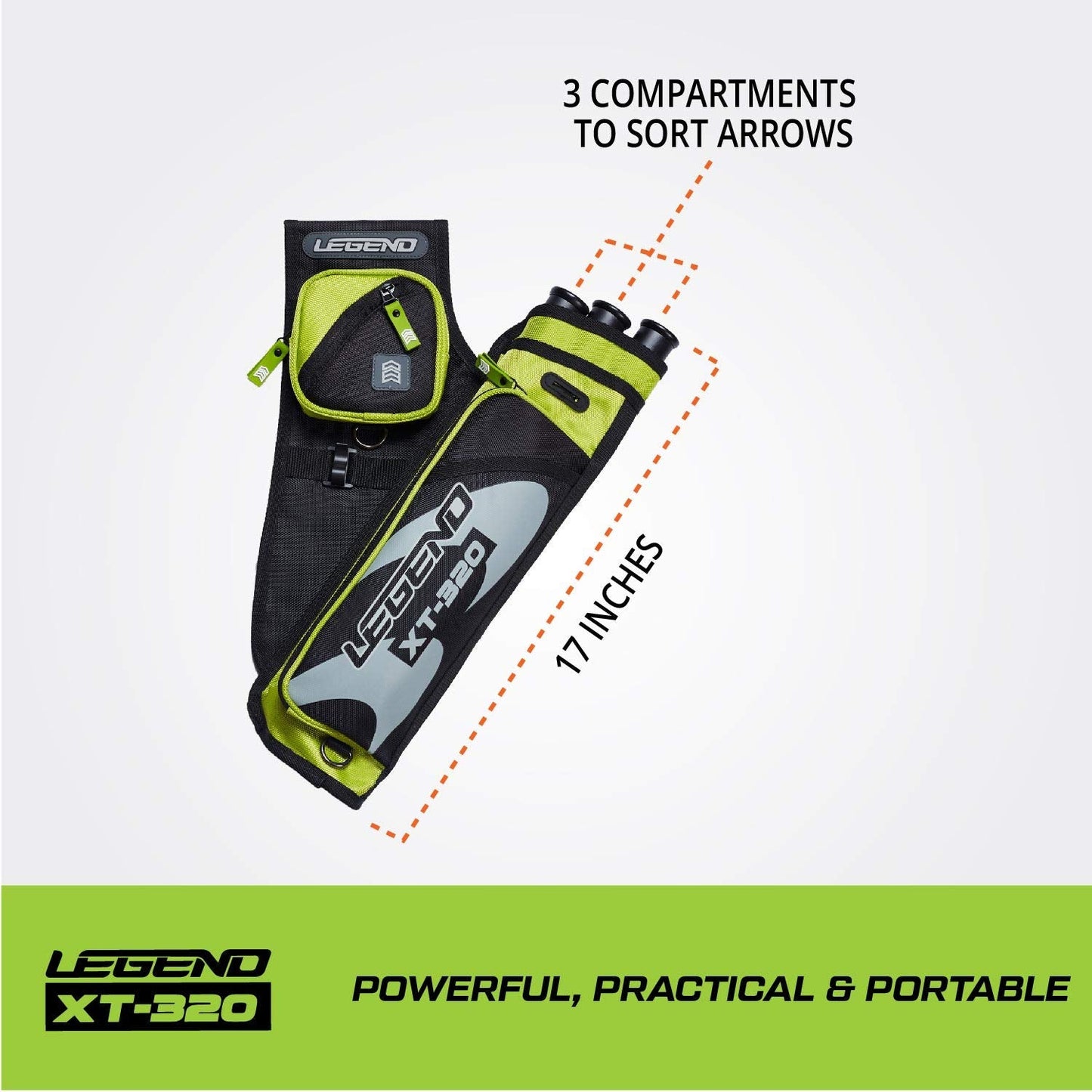 Legend XT320 Archery Quivers - Left Handed Nylon Hip Quivers with 3 Arrow Tube Cases for Target Shooting - Adjustable Waist Belt, T-Slot, Compartments for Accessories, Tools, Release Tab - Green