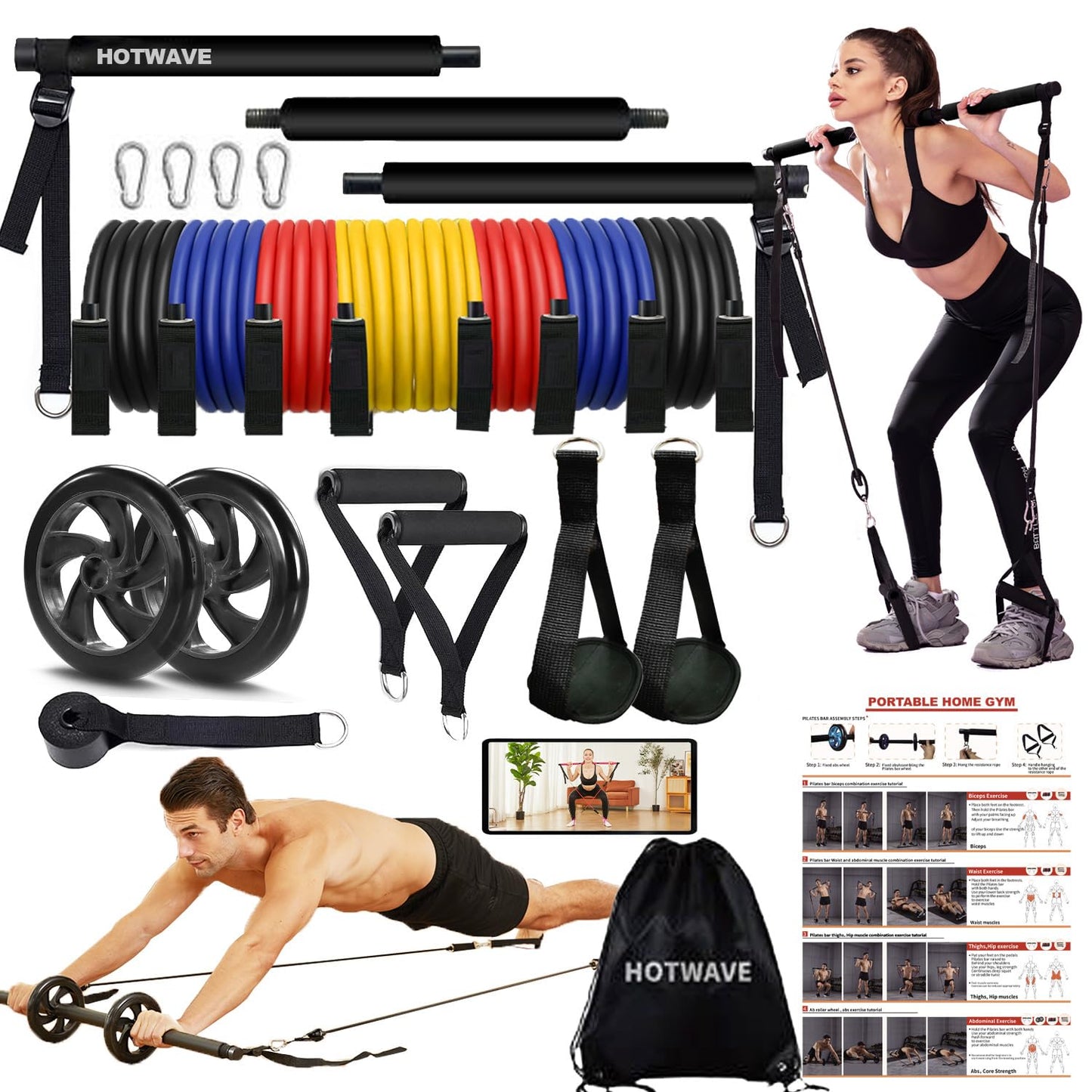 HOTWAVE Pilates Bar Kit with Resistance Bands,Ab Roller for Abs Workout, Squat Machine,Core Strength Training Equipment,Portable Home Gym for Men and Women