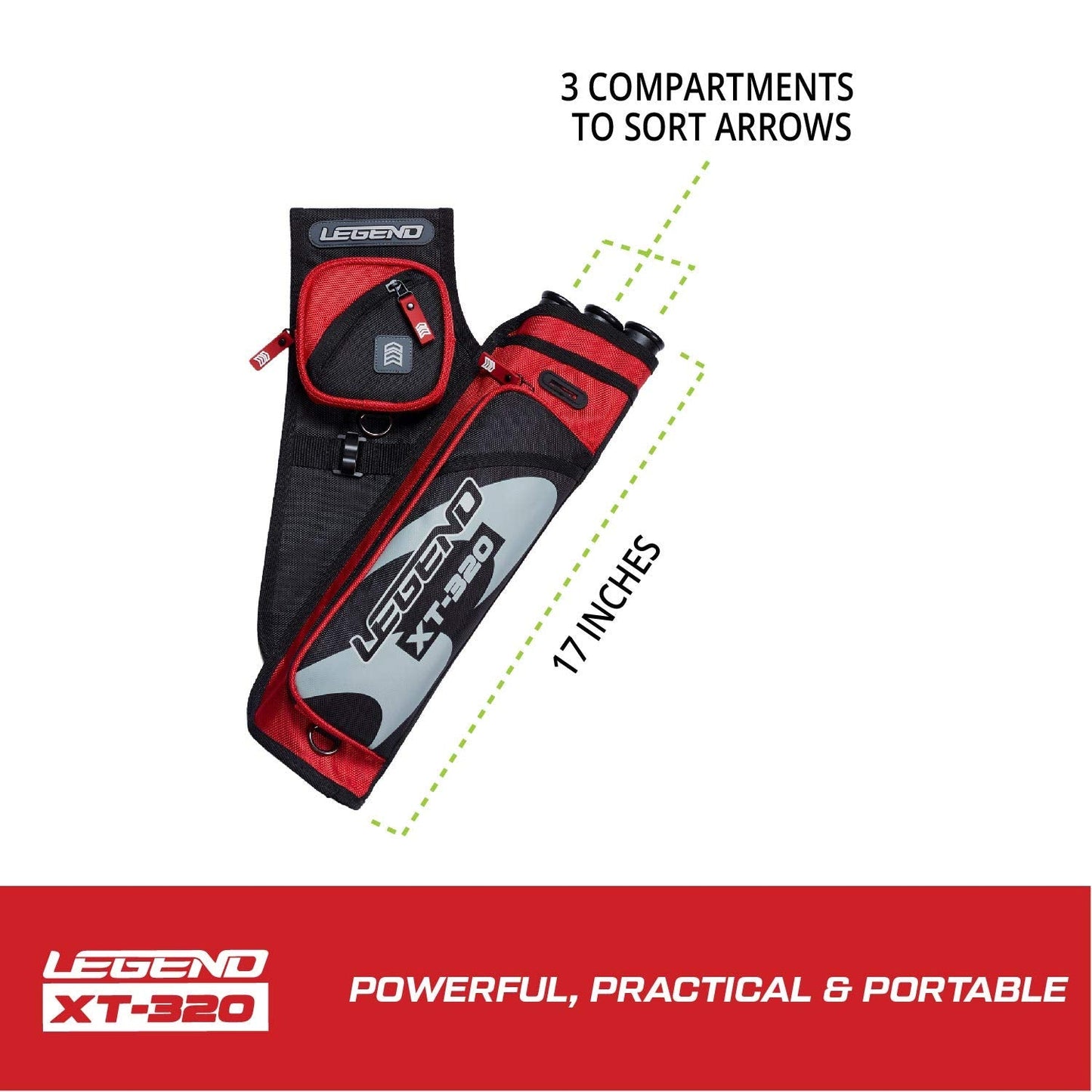 Legend XT320 Archery Quivers - Left Handed Nylon Hip Quivers with 3 Arrow Tube Cases for Target Shooting - Adjustable Waist Belt, T-Slot, Compartments for Accessories, Tools, Release Tab - Red