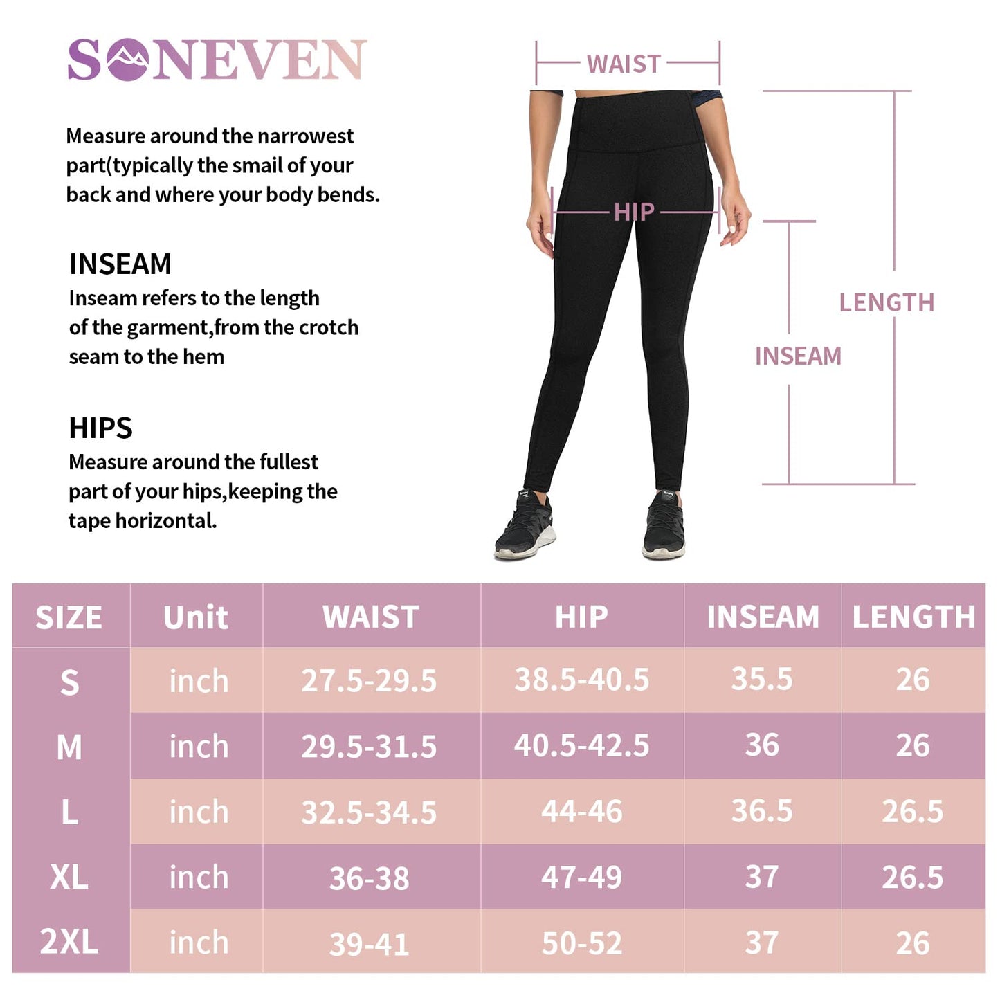 Soneven Women's Winter Thermal Leggings with Pockets Fleece Lined Leggings High Waisted Warm Legging Running Hiking Black