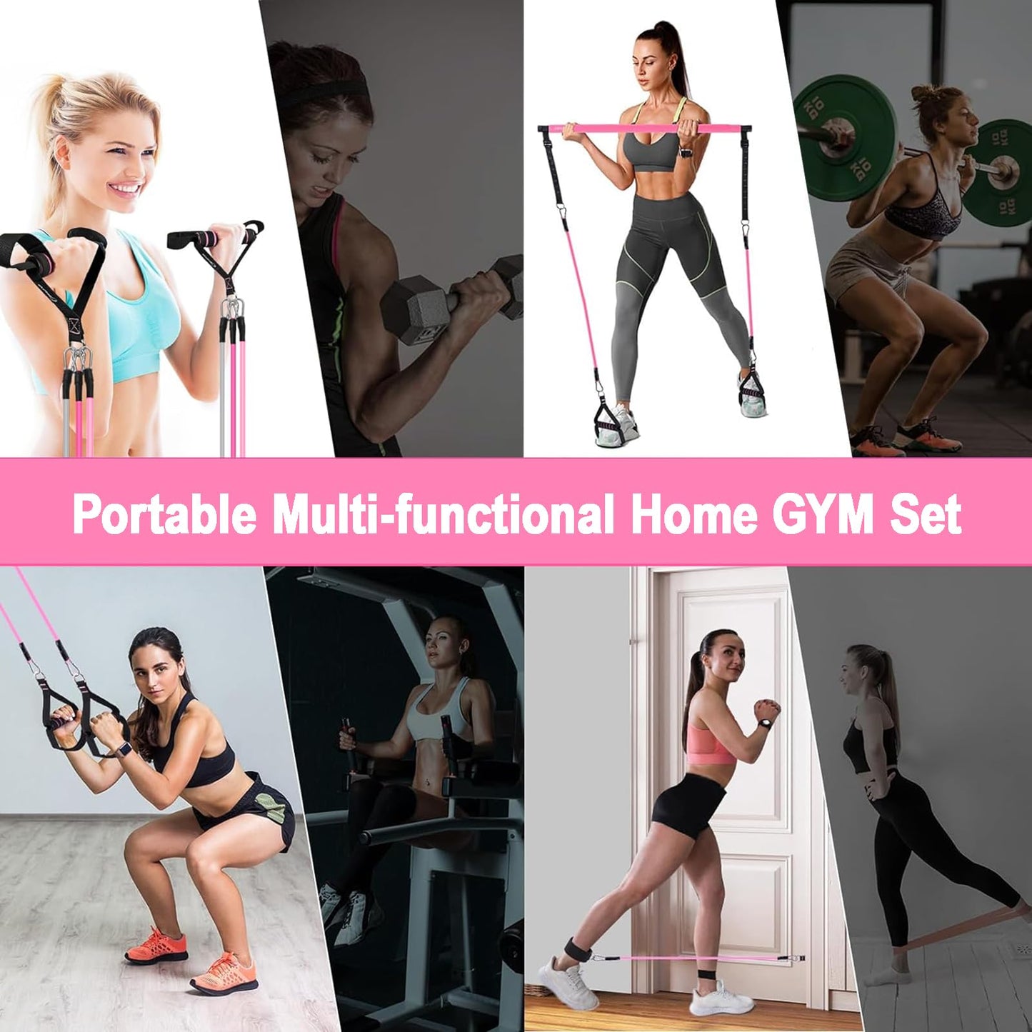 Pilates Bar Kit with Resistance Bands, Upgraded Multifunctional Screw Yoga Pilates Bar with Metal Adjustment Buckle, Portable Home Gym Pilates Bar for Women Full Body Workout Equipment Pink…
