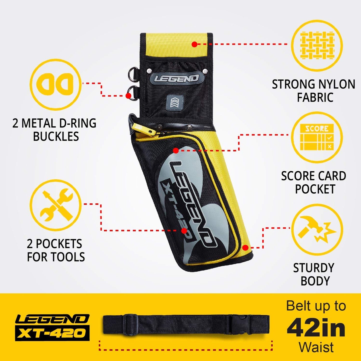 LEGEND XT420 Archery Field Quiver for Arrows - Left Handed Archery Hip Quiver with Belt, 3 Arrow Compartments - Storage Pocket for Archery Accessories - Nylon Material - 5.25"x1.5"x16" Yellow