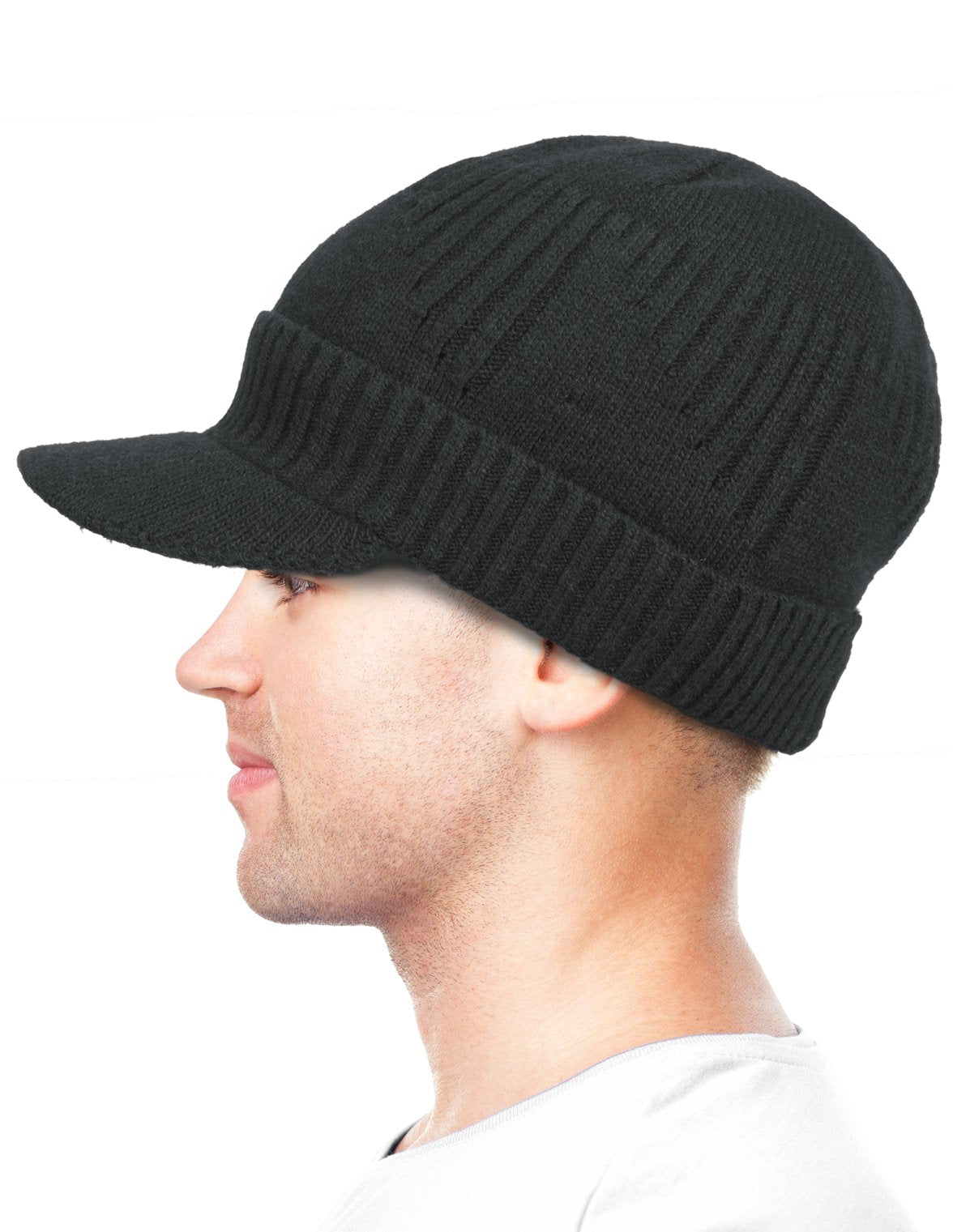 Dahlia Men's Beanie with Visor, Wool Winter Hat, Ribbed, Fleece Lined, Black