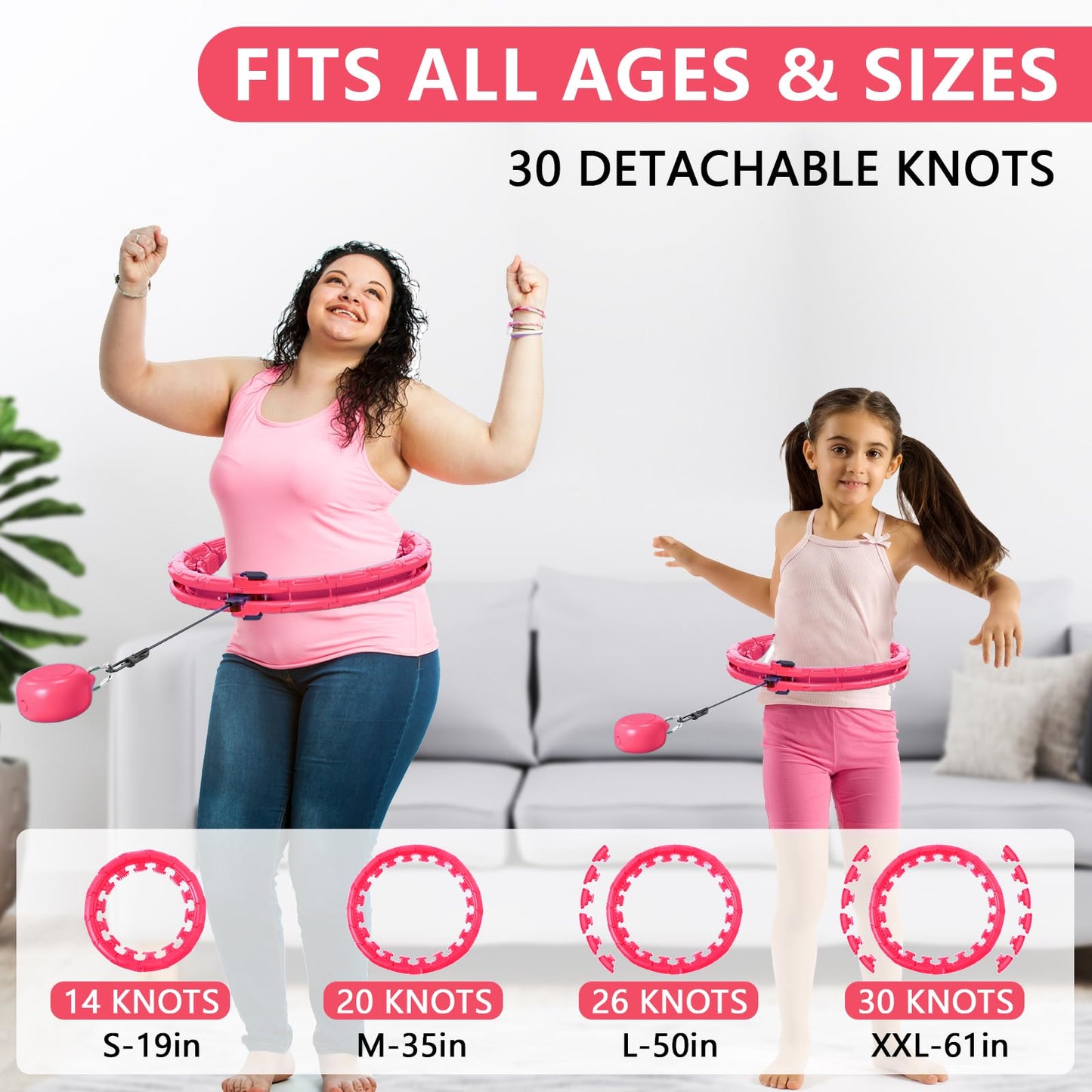Leann L!fe U1-30 Knots Waist 56”, Magnetic Lock Smart Weighted Hula Hoop for Adults Weight Loss, Infinity Hoop Plus Size, Children Adult Home Outdoors, Fitness Exercise, Abdominal Toner,Pink