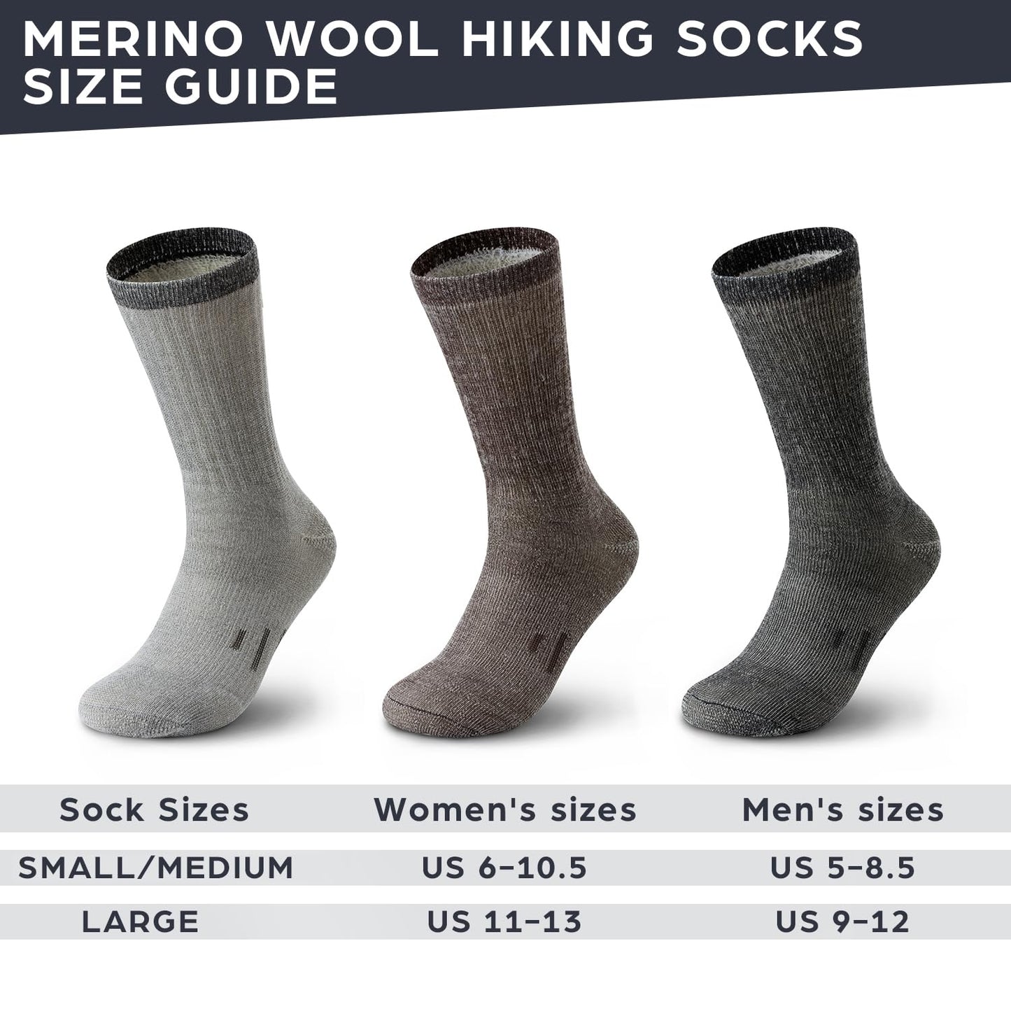DG Hill 3 Pairs 80% Merino Wool Socks for Men and Women, Warm Thermal Wool Socks For Hiking, Crew Style, Moisture Wicking