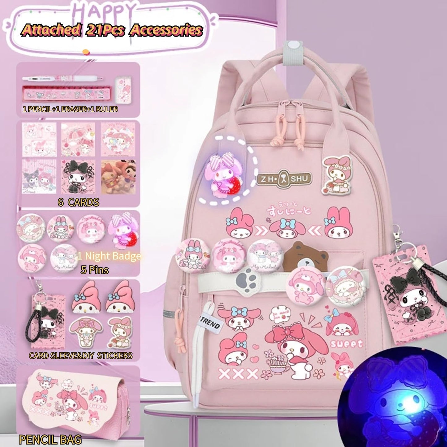 Kawaii Backpack with 21Pcs Accessories Anime Cartoon Anti-Theft Travel Aesthetic New Semester Gifts Bag with Cute Pins…