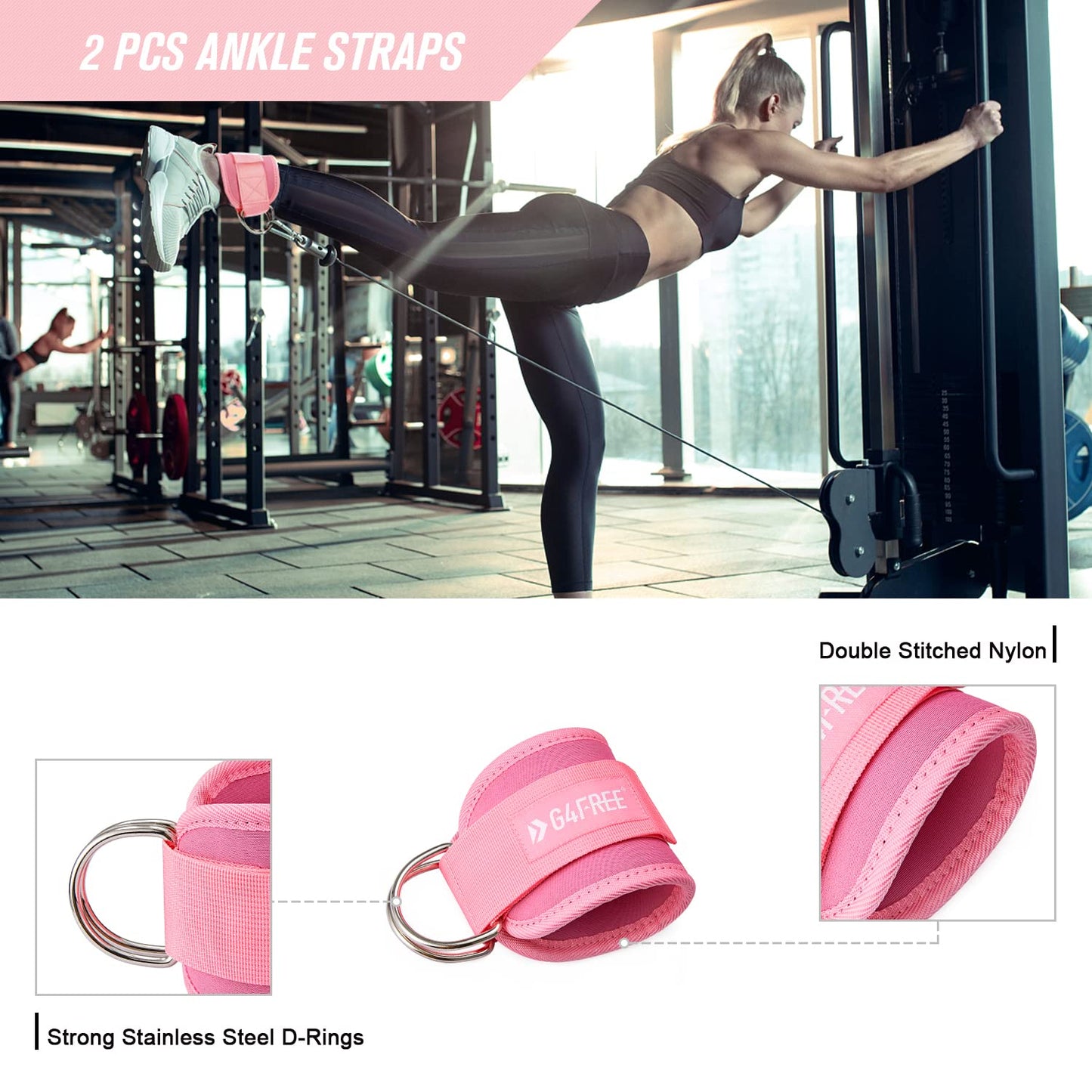 G4Free 9Pcs Barbell Pad Set for Squat, Hip Thrusts, Lunges, Leg day, Standard Olympic Bars with 2 Gym Ankle Safety Straps, 3 Hip Resistance Bands, 2 Lifting Strap, Barbell Pad, and Carry Bag (Pink)