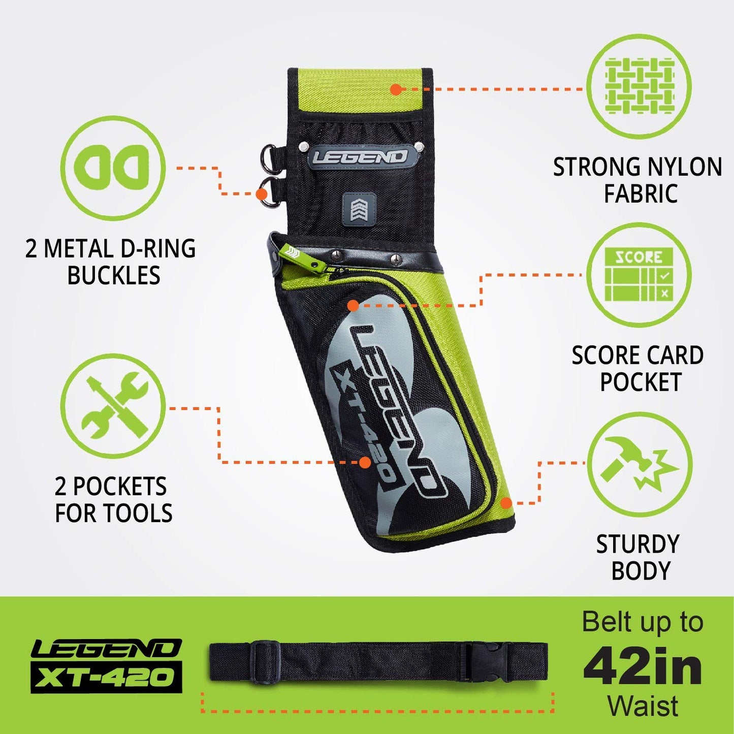 Legend XT420 Archery Field Quiver for Arrows - Right Handed Archery Hip Quiver with Belt, 3 Arrow Compartments - Storage Pocket for Archery Accessories - Nylon Material - 5.25"x1.5"x16" Green