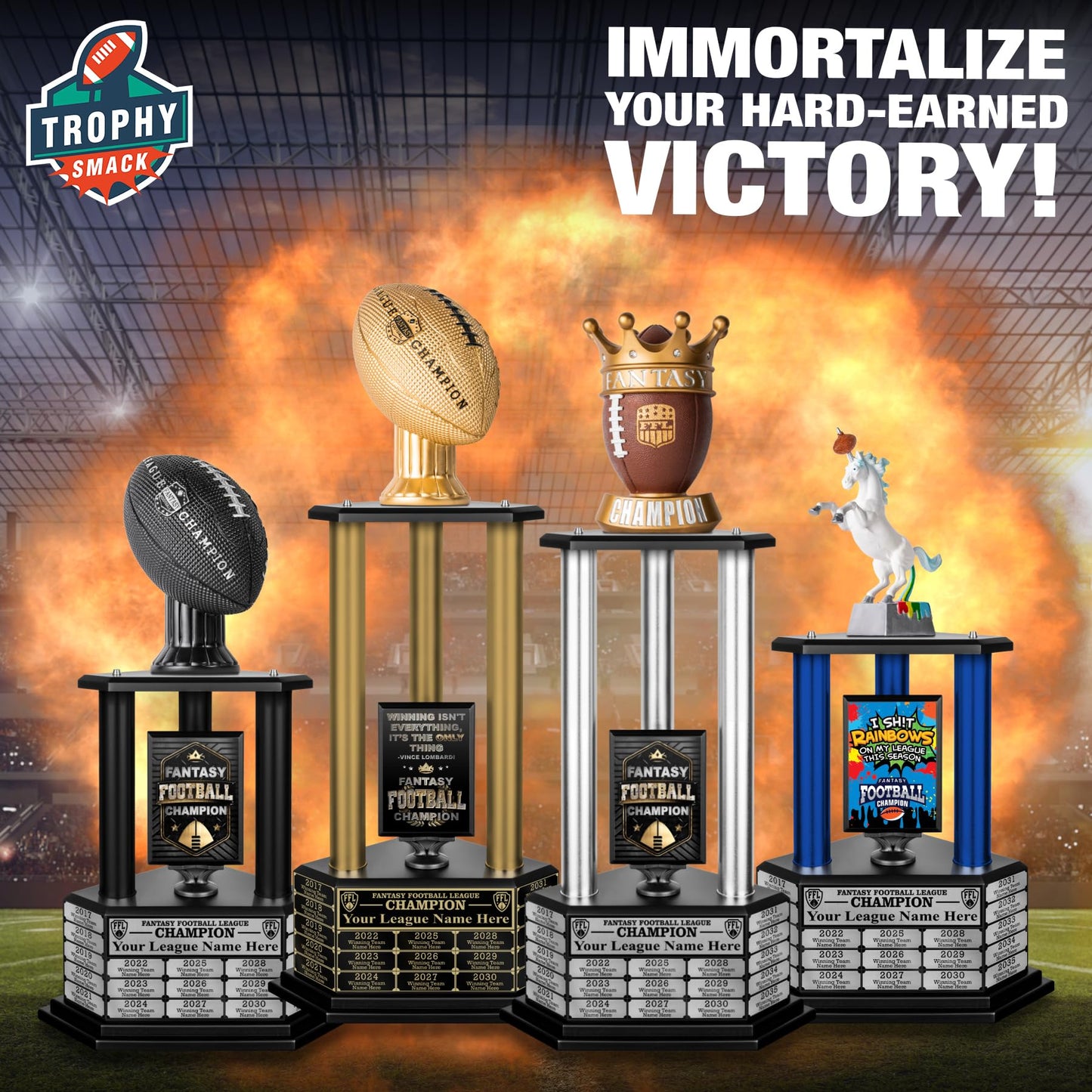TrophySmack Perpetual Fantasy Football Trophy - Customizable Championship Trophy Award Winner | Free Engraving up to 19 Years Past Winners, 26 Inch Tall (Blue Black)