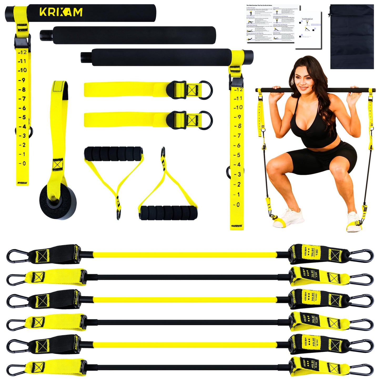KRIXAM Pilates Bar Kit with Resistance Bands, Resistance Bands Set with Bar, Portable Pilates Equipment for Workout Home Gym (180LBS(YLW))