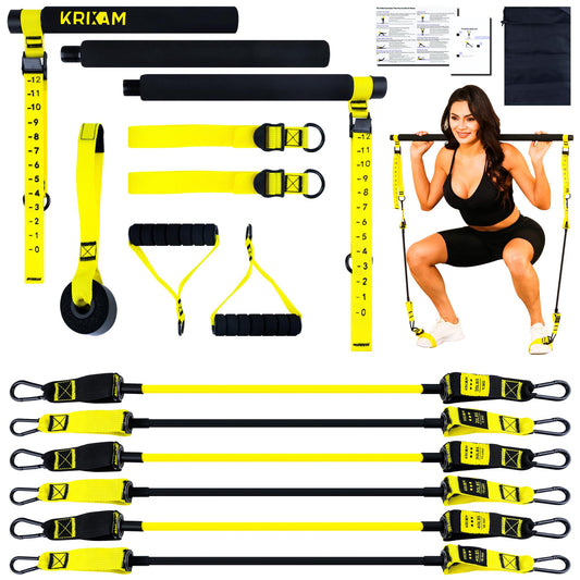 KRIXAM Pilates Bar Kit with Resistance Bands, Resistance Bands Set with Bar, Portable Pilates Equipment for Workout Home Gym (180LBS(YLW))