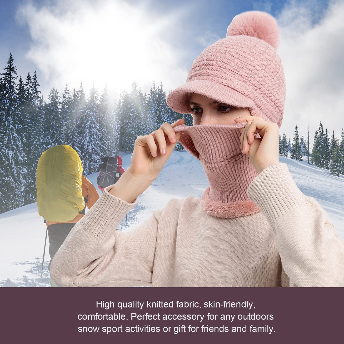 Fleece Lined Womens Beanie Knit Hat,Winter Scarf Mask Set for Women,Girls Snow Caps Earmuffs Hats with Pom (Grey)