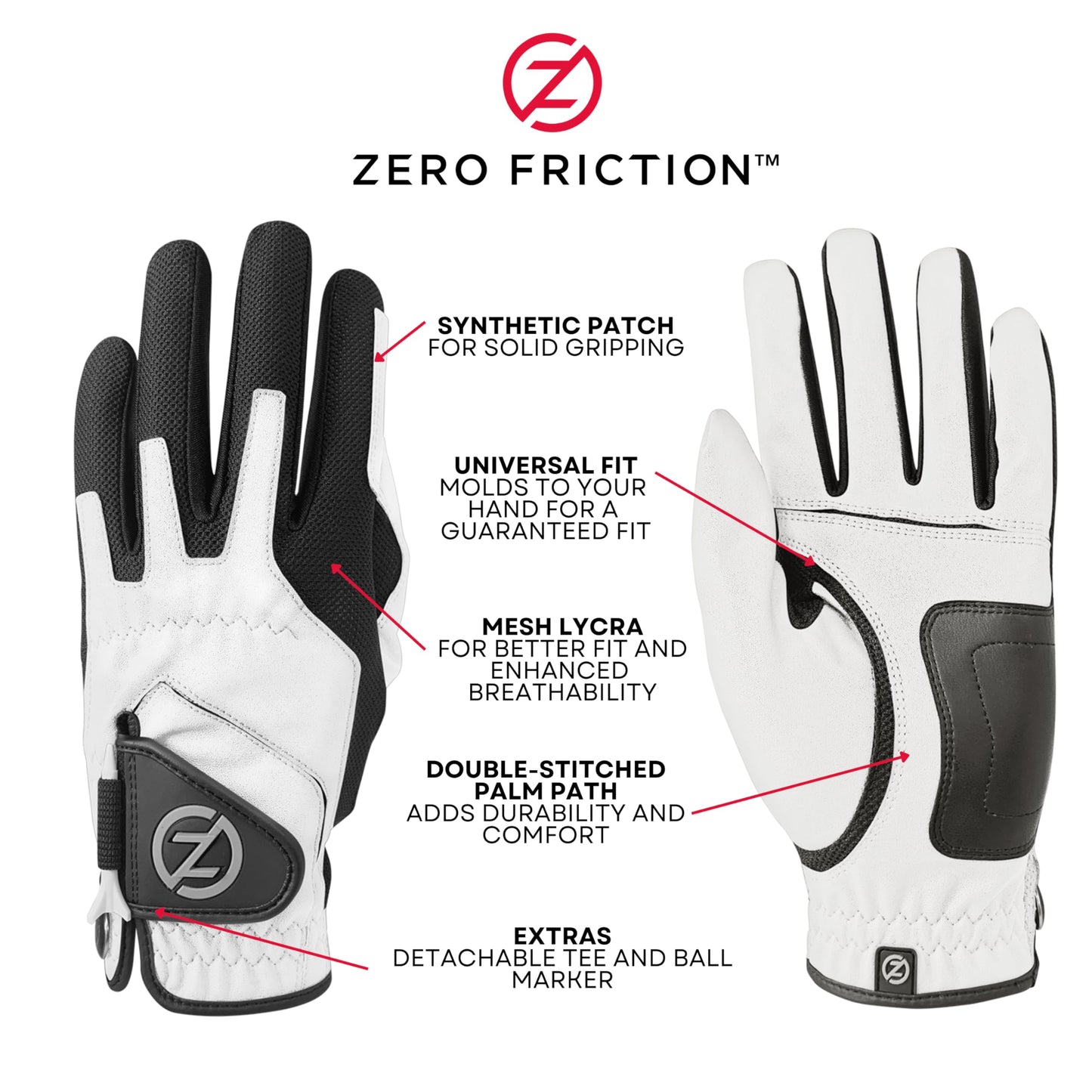 Zero Friction Male Men's Compression-Fit Synthetic Golf Glove (2 Pack), Universal Fit White/White, One Size, GL00112