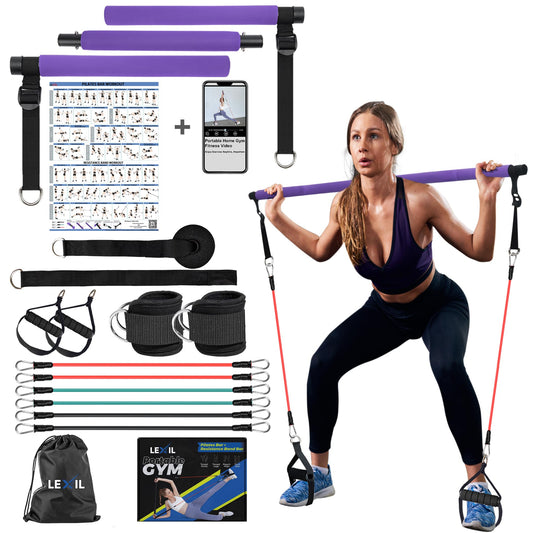 LEXIL Pilates Bar Exercise Kit-Stackable 3 Pairs of Resistance Bands (15, 20, 30LB) - Home Gym Equipment for Men and Women, Workout Kit for Body Toning,with Fitness Video