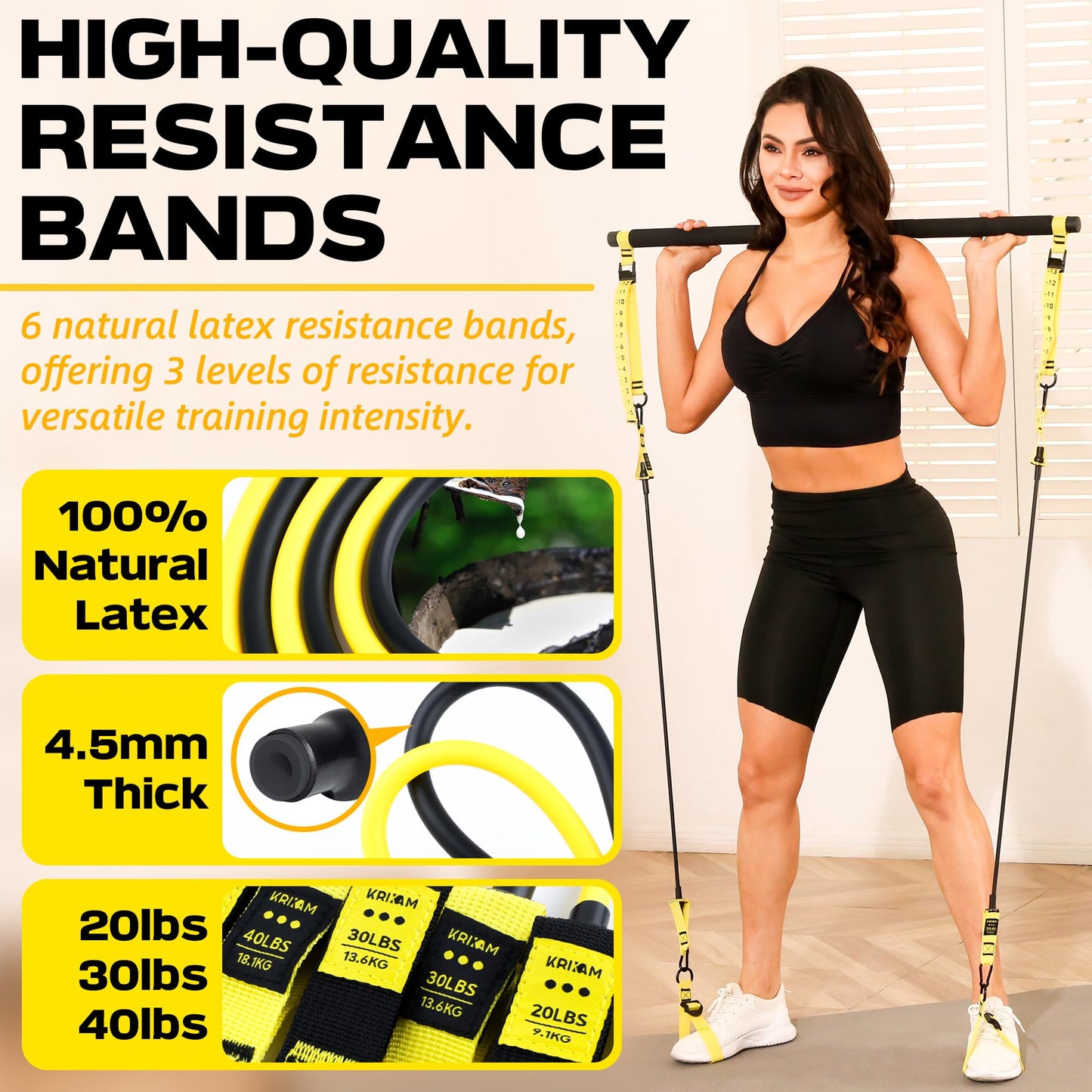 KRIXAM Pilates Bar Kit with Resistance Bands, Resistance Bands Set with Bar, Portable Pilates Equipment for Workout Home Gym (180LBS(YLW))