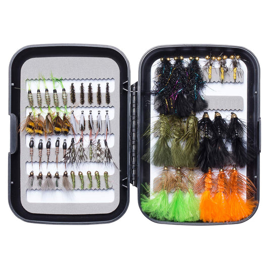 BASSDASH Fly Fishing Flies Kit Fly Assortment Trout Bass Fishing with Fly Box, 36/64/72/76/80/96pcs with Dry/Wet Flies, Nymphs, Streamers, Popper (58 pcs Assorted Trout Flies)