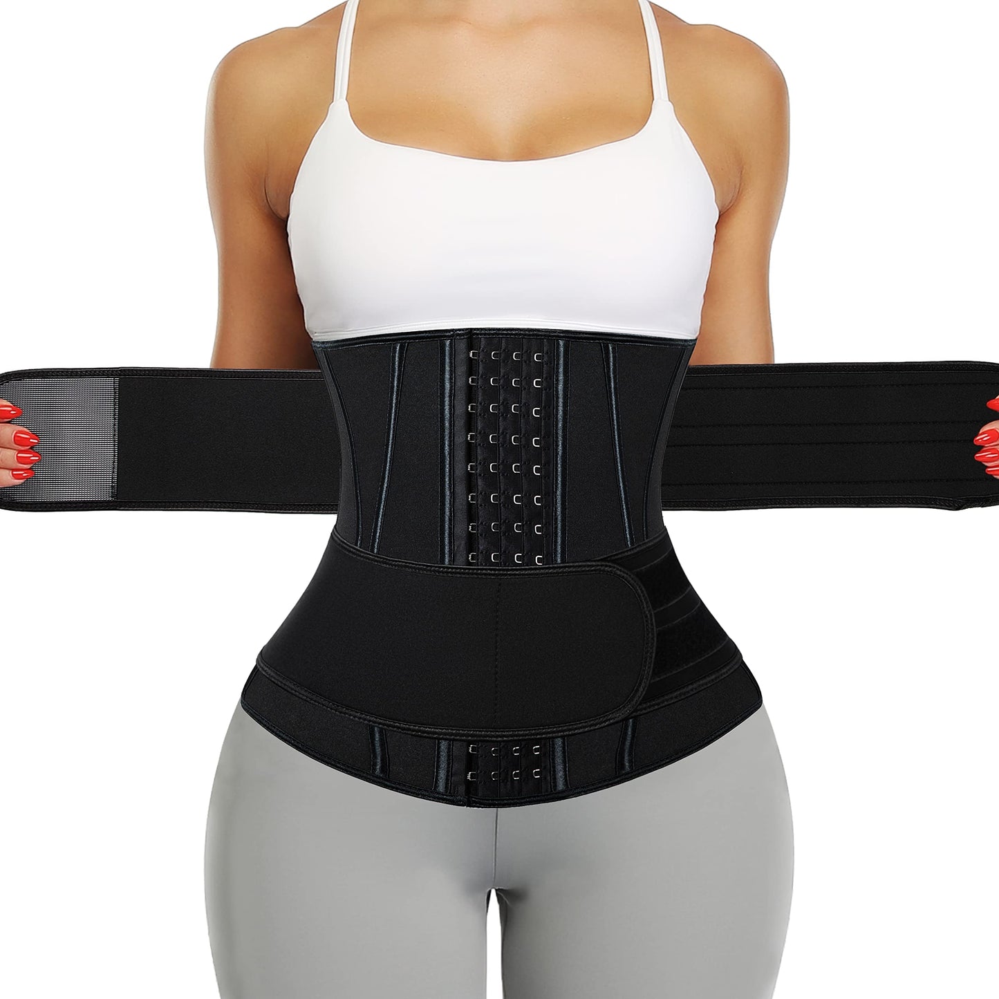 KIWI RATA Neoprene Sauna Waist Trainer Corset Sweat Belt with 2 Straps for Women X-bones Compression Workout Fitness Double Cincher Belts,#3 Hooks Black,X-Small