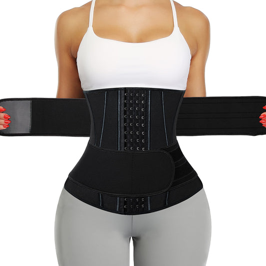 KIWI RATA Neoprene Sauna Waist Trainer Corset Sweat Belt with 2 Straps for Women X-bones Compression Workout Fitness Double Cincher Belts,#3 Hooks Black,X-Small