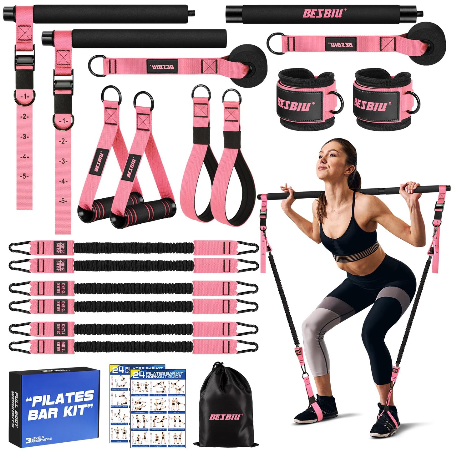 Pilates Bar Kit with Resistance Bands for Working Out, 210lbs Heavy Resistance Bands with Handles, Pilates Equipment with Resistance Band Bar for Men Women, Home Gym Full Body Workout Equipment