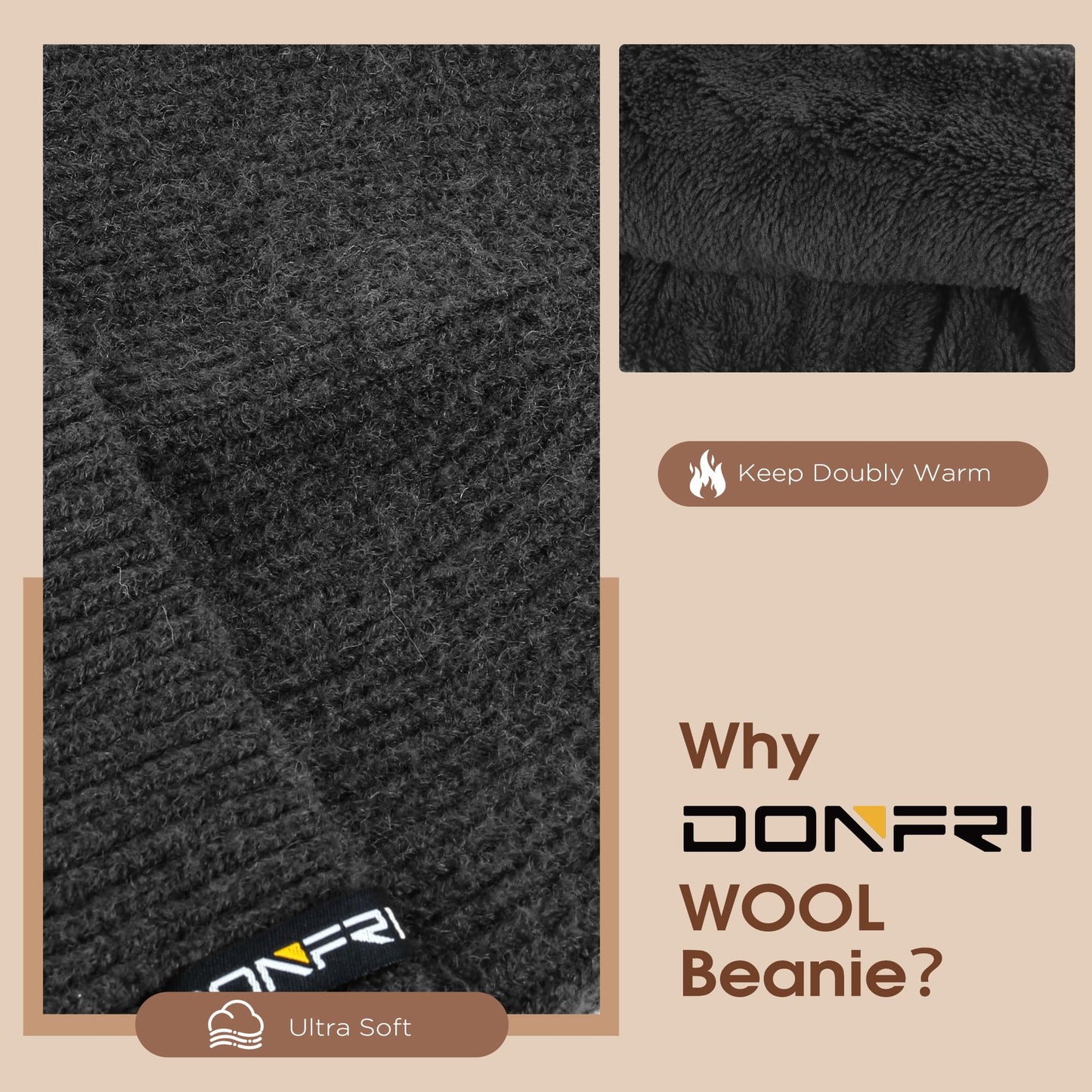 Donfri Wool Winter Beanie Hats Men Women Black Beanie Fleece Lined Super Soft Warm for Winter Skull Knit Beanie Gift