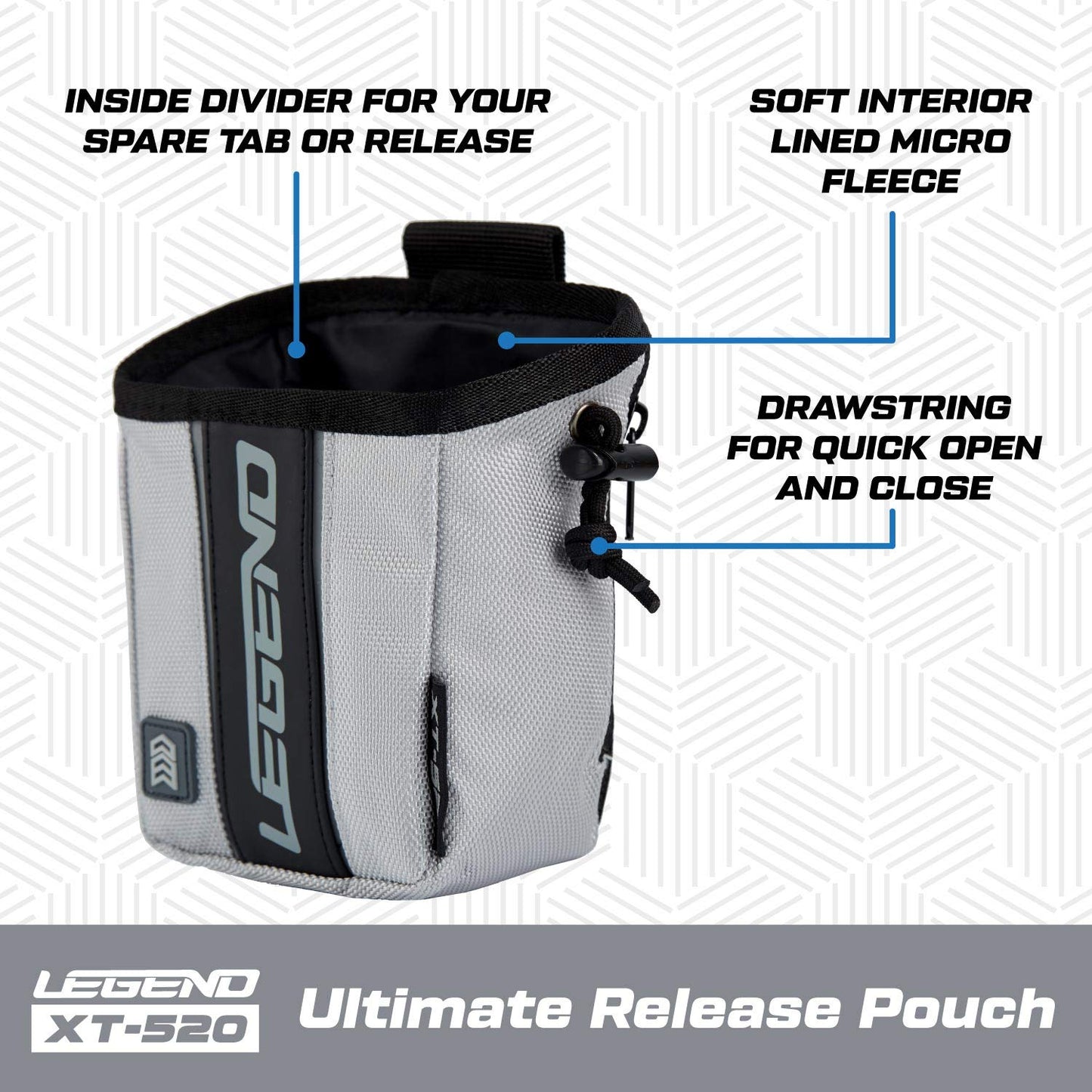 LEGEND - XT520 Quick Release Pouch & Finger Tab Bag (Grey) | Interior Divider for Better Organization & Storage of Release Aids | Attaches to Standard 2" Belt | Quick Drawstring Closure