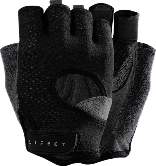 LIFECT Freedom Workout Gloves, Knuckle Weight Lifting Shorty Fingerless Gloves with Curved Open Back, for Powerlifting, Gym, Women and Men (Black, X-Small)