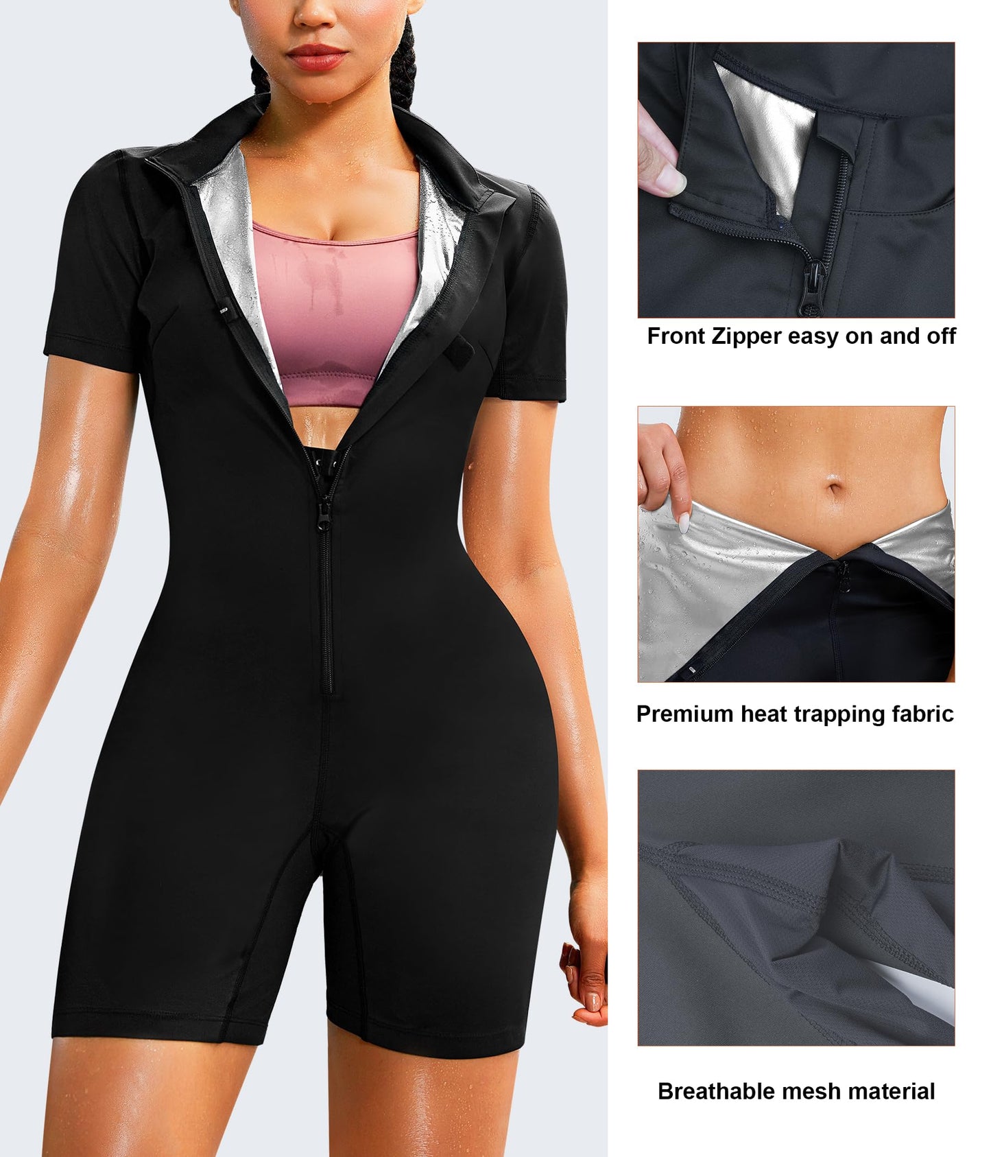 Junlan Sauna Suit for Women Full Body Jumpsuit Waist Trainers for Women Belly Fat Workout Sweat Suit(Silver,Small)