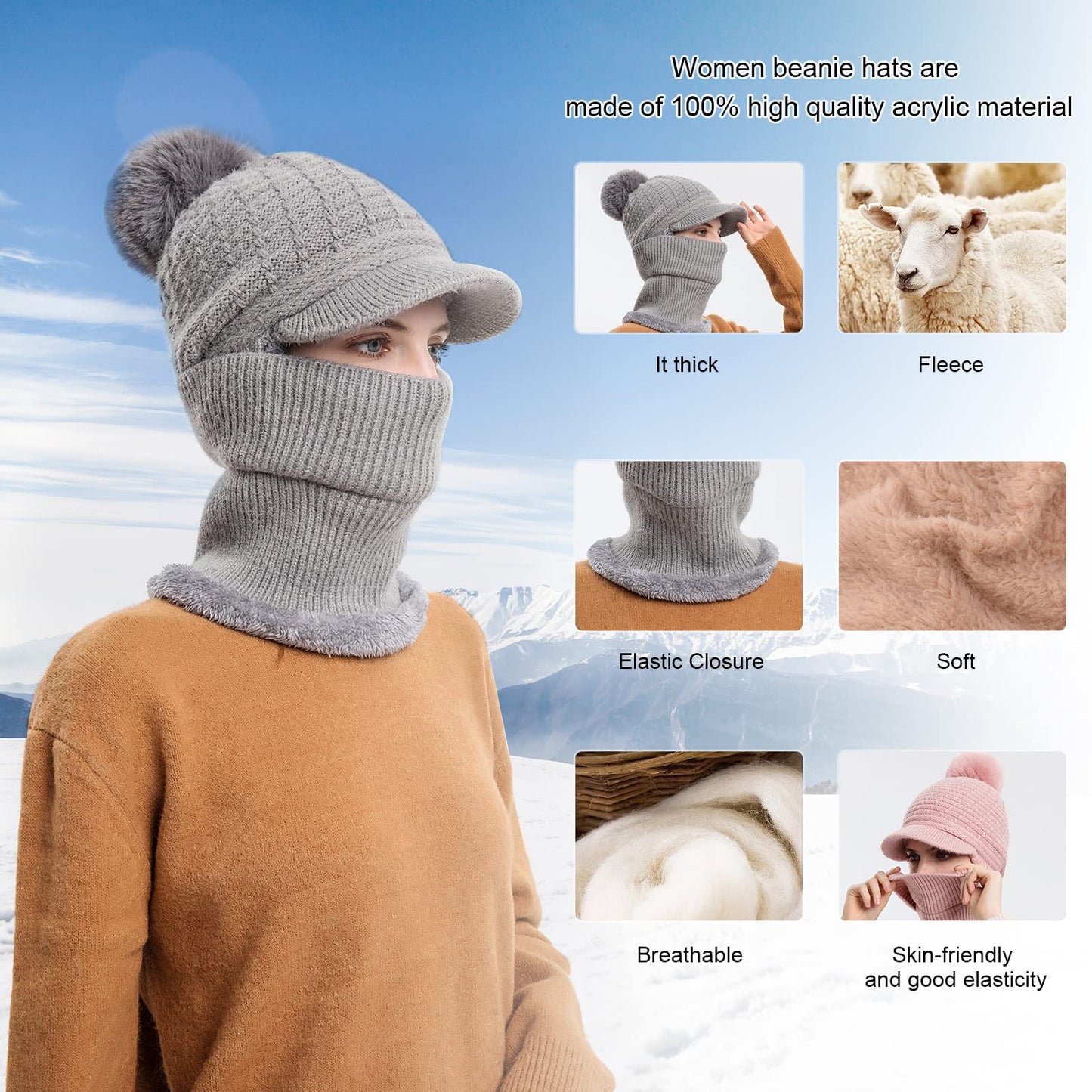 Fleece Lined Womens Beanie Knit Hat,Winter Scarf Mask Set for Women,Girls Snow Caps Earmuffs Hats with Pom (Grey)
